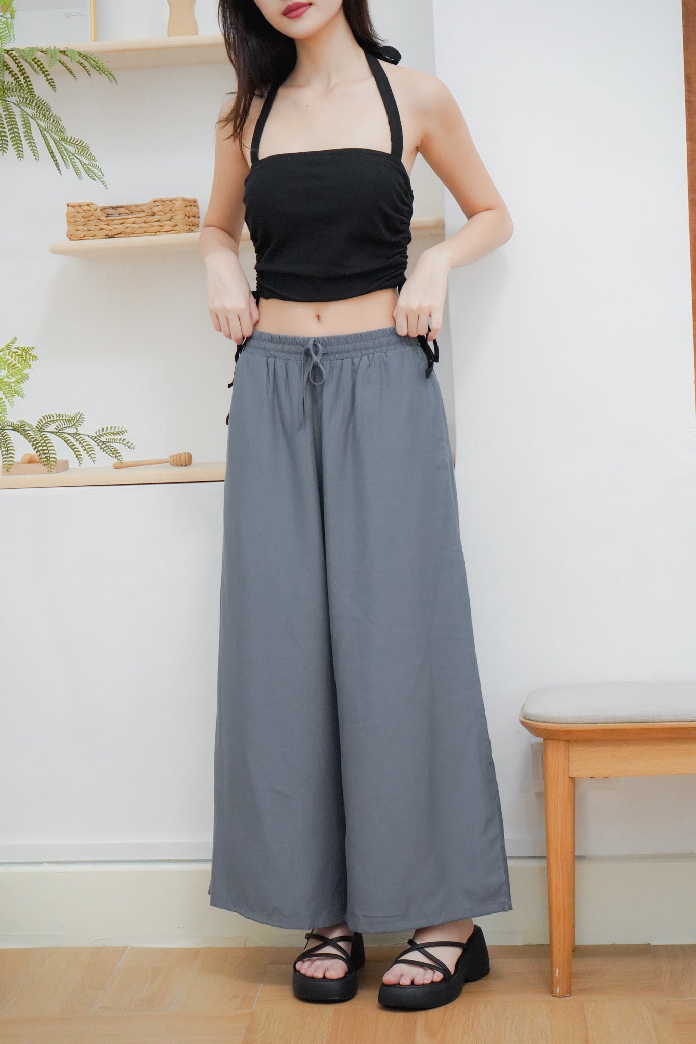 Junia Wide Leg Elastic Waistband Pants (Gunmetal)