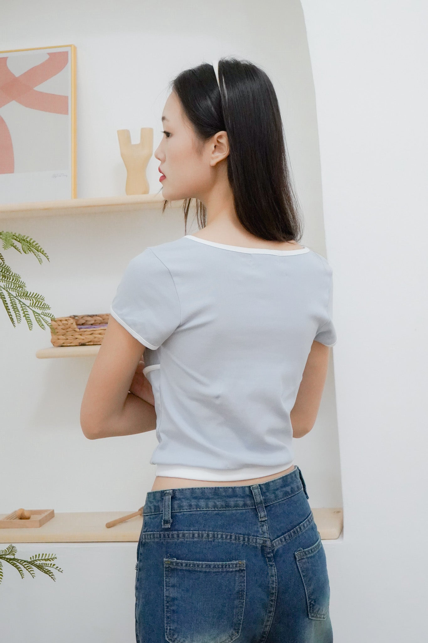Colette Ribbon Ringer Tee (Greyish Blue & White)