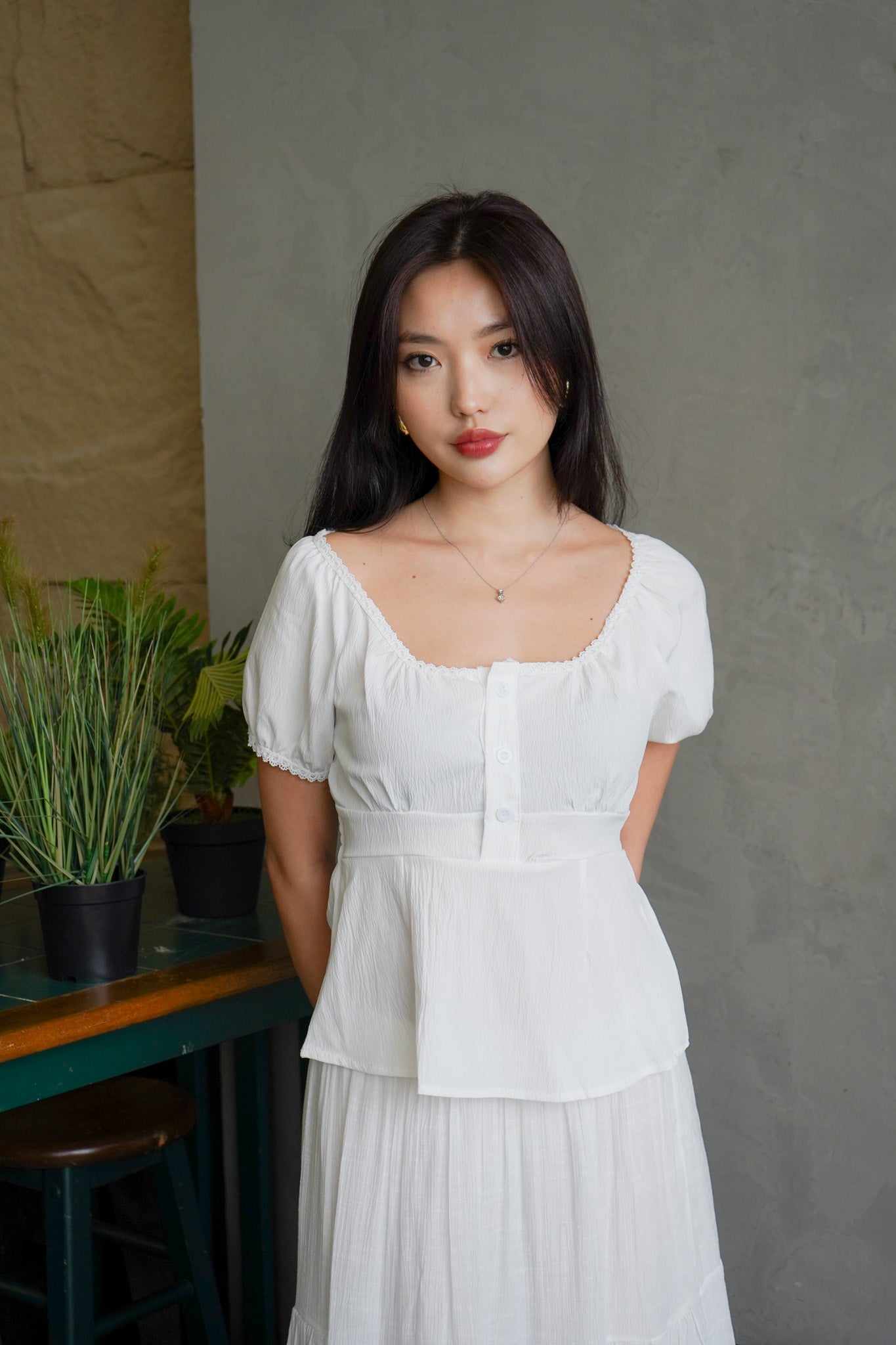 Beryl White U-neck Puff Sleeve Top