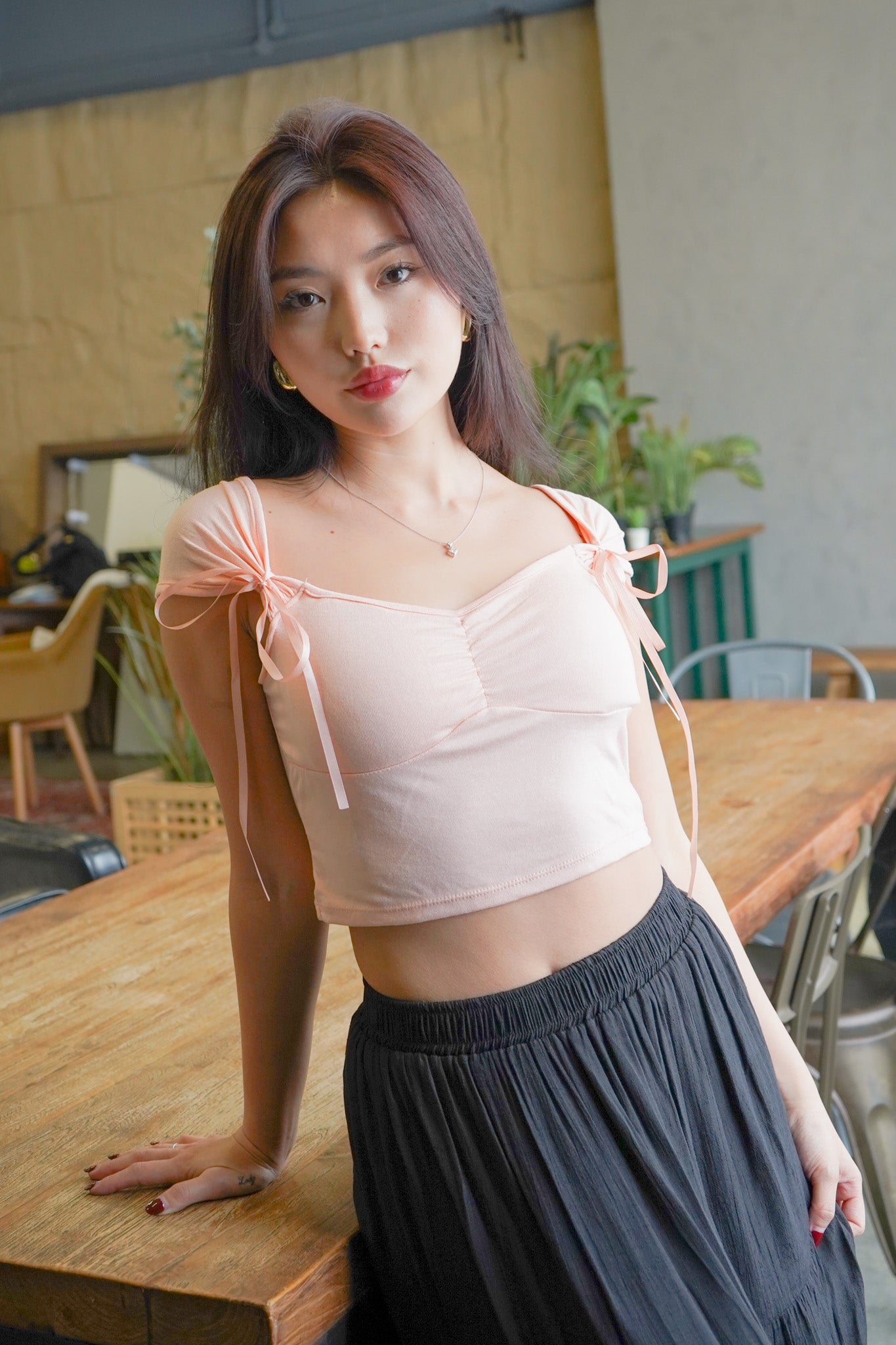Nemy Padded Off Shoulder Top (w ribbons) (Blush)