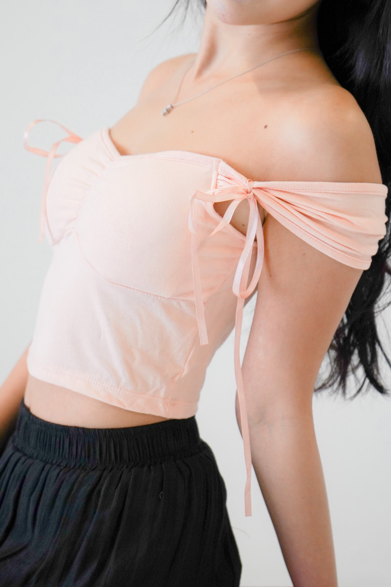 Nemy Padded Off Shoulder Top (w ribbons) (Blush)