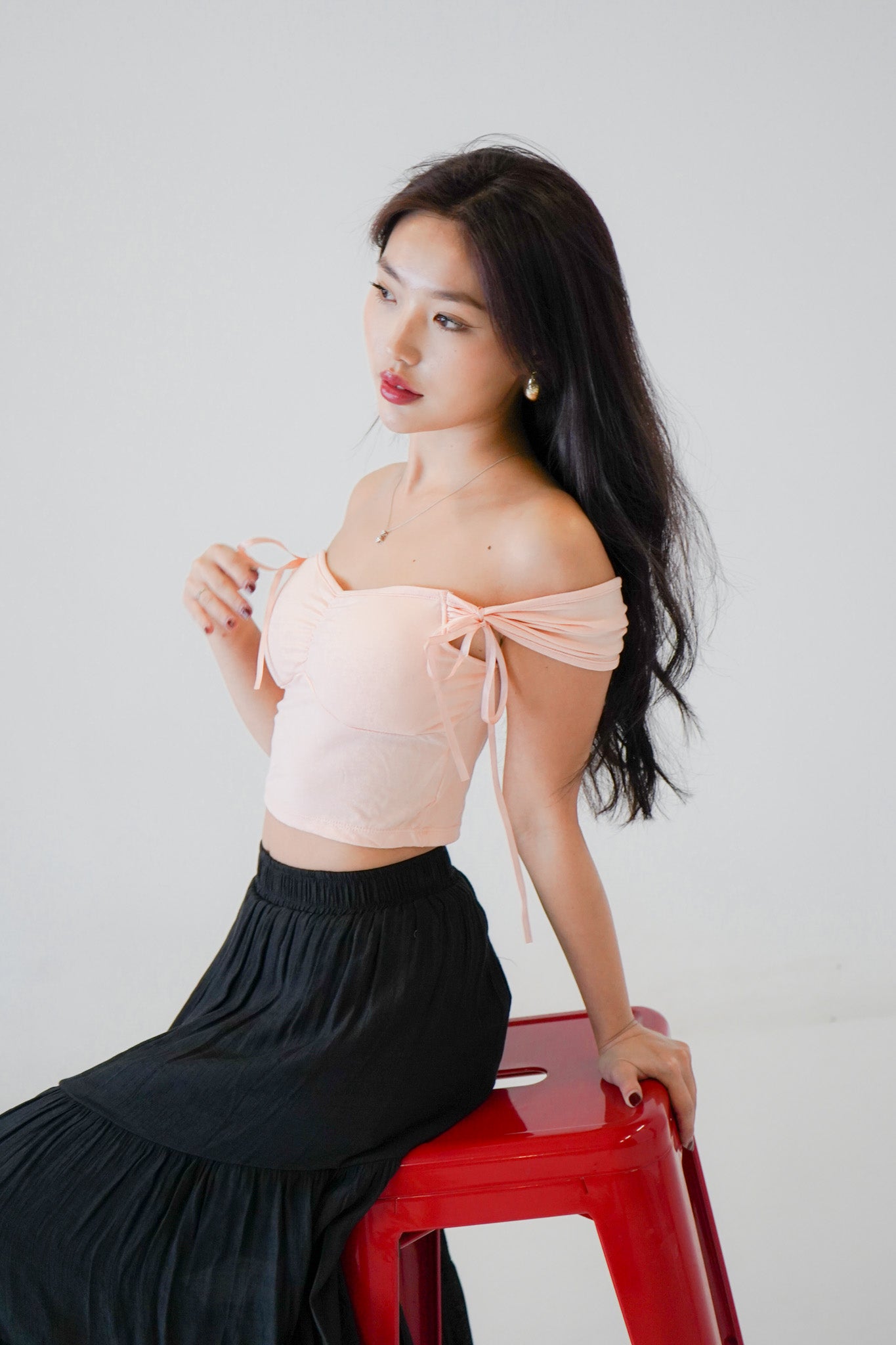 Nemy Padded Off Shoulder Top (w ribbons) (Blush)