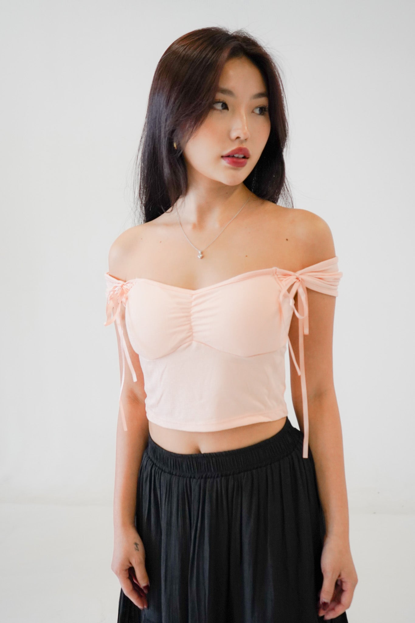 Nemy Padded Off Shoulder Top (w ribbons) (Blush)