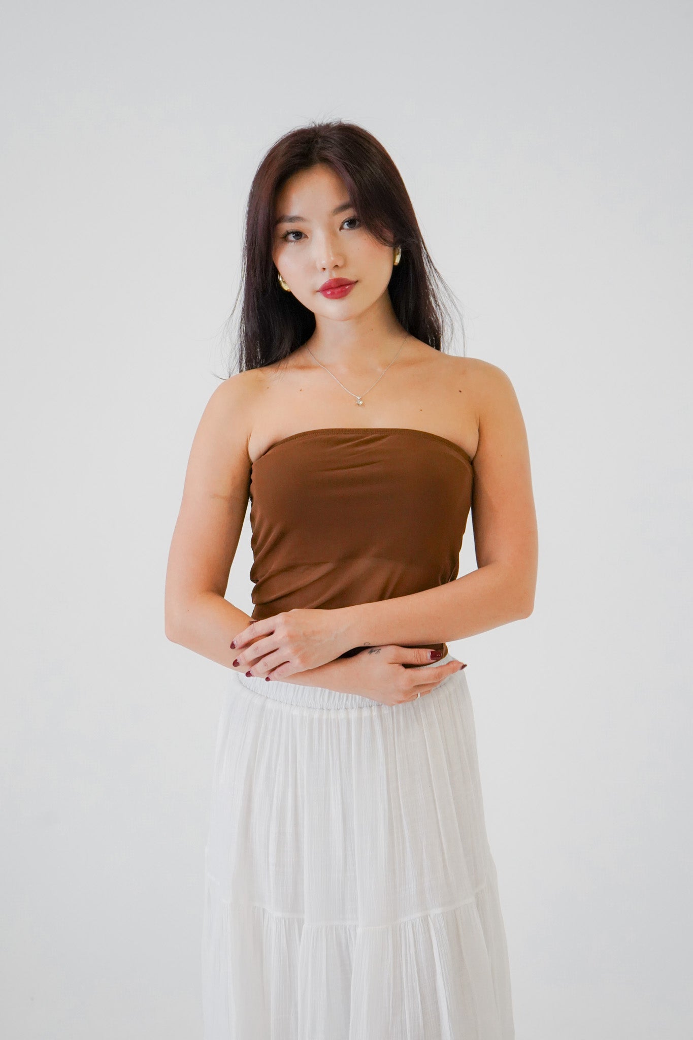 Romy Panelled Mesh Tube Top (Brown)