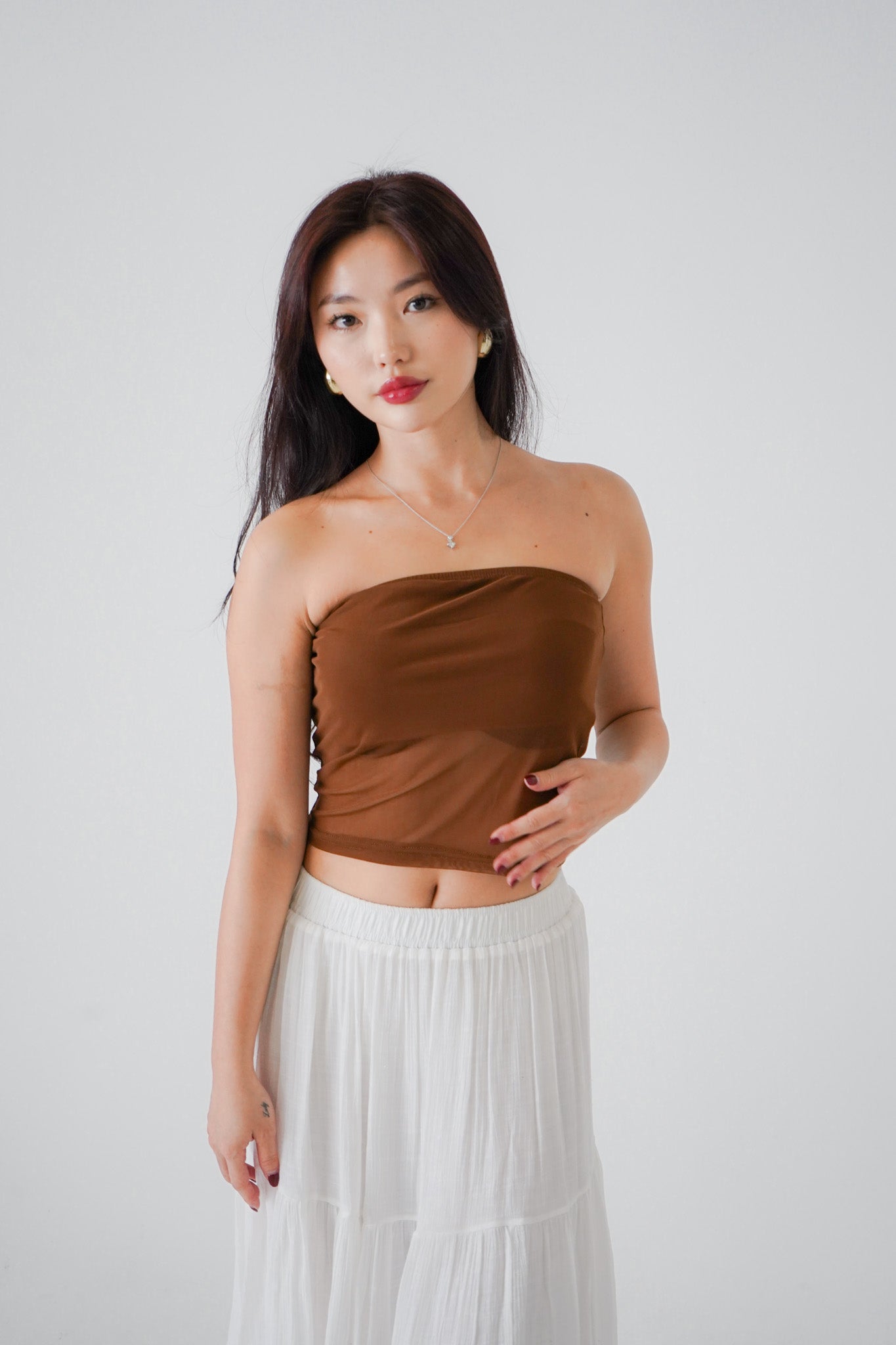 Romy Panelled Mesh Tube Top (Brown)