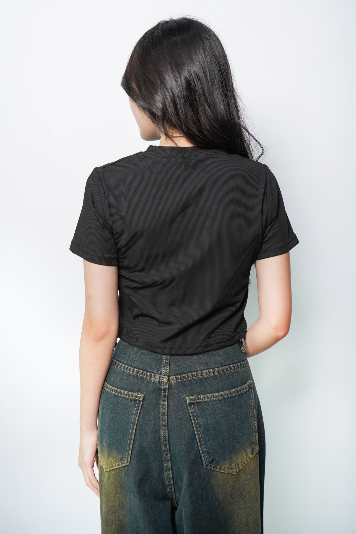 Darcy Mock Neck Cut-out Rib-knit Slim Crop Top (Black)