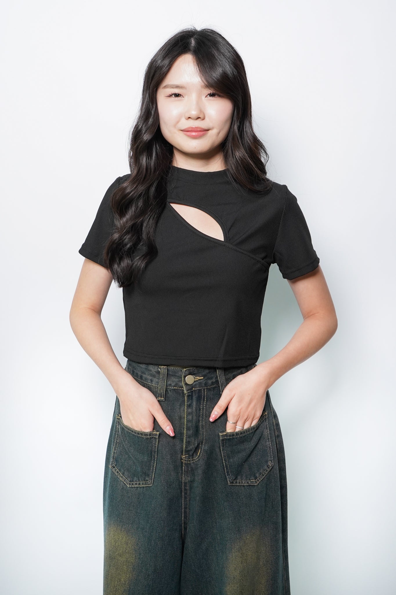 Darcy Mock Neck Cut-out Rib-knit Slim Crop Top (Black)