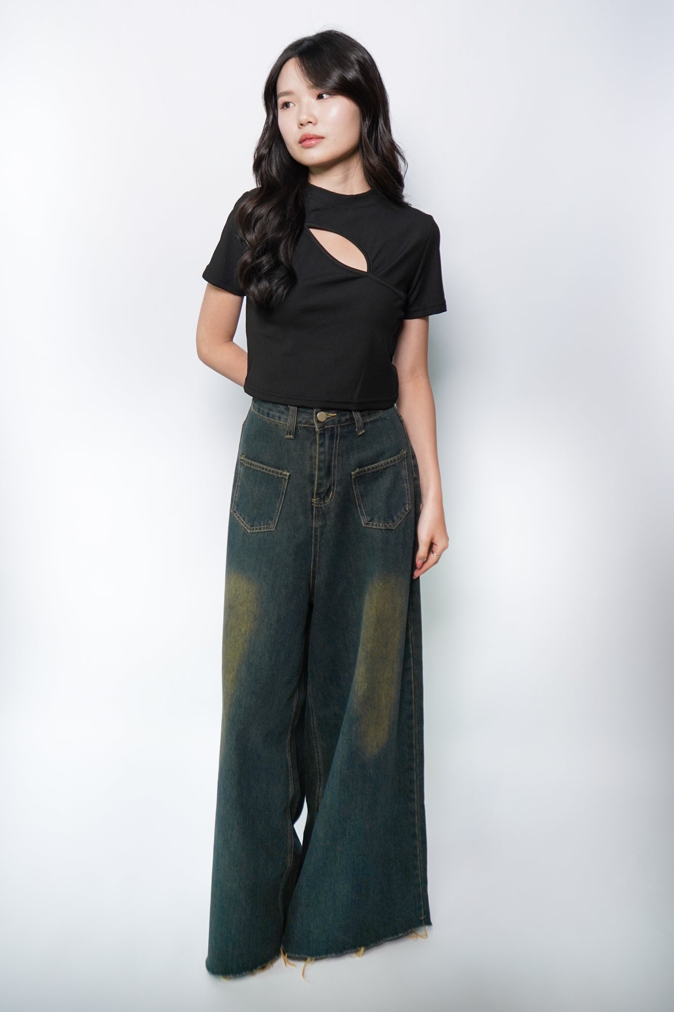 Darcy Mock Neck Cut-out Rib-knit Slim Crop Top (Black)