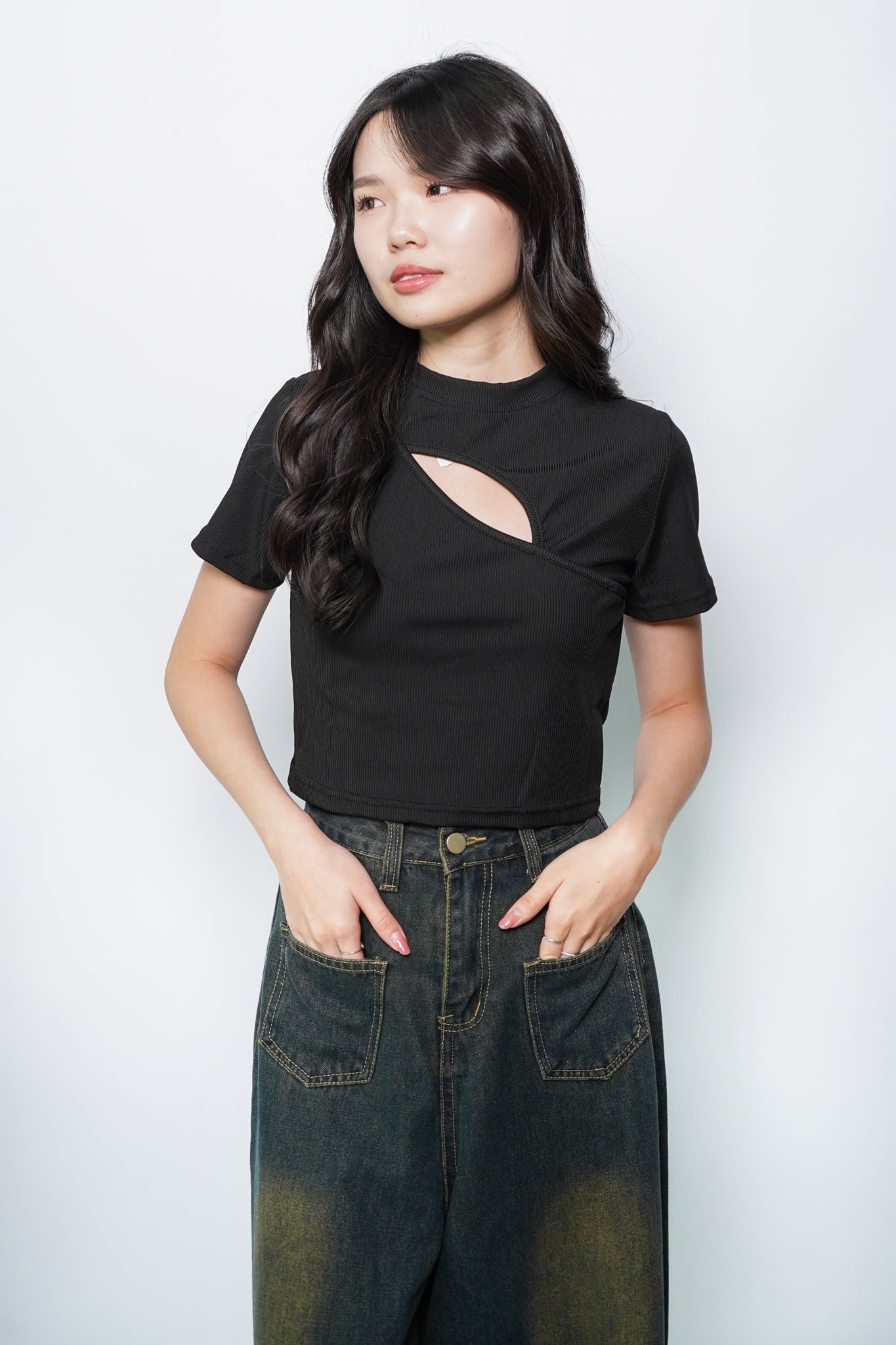 Darcy Mock Neck Cut-out Rib-knit Slim Crop Top (Black)