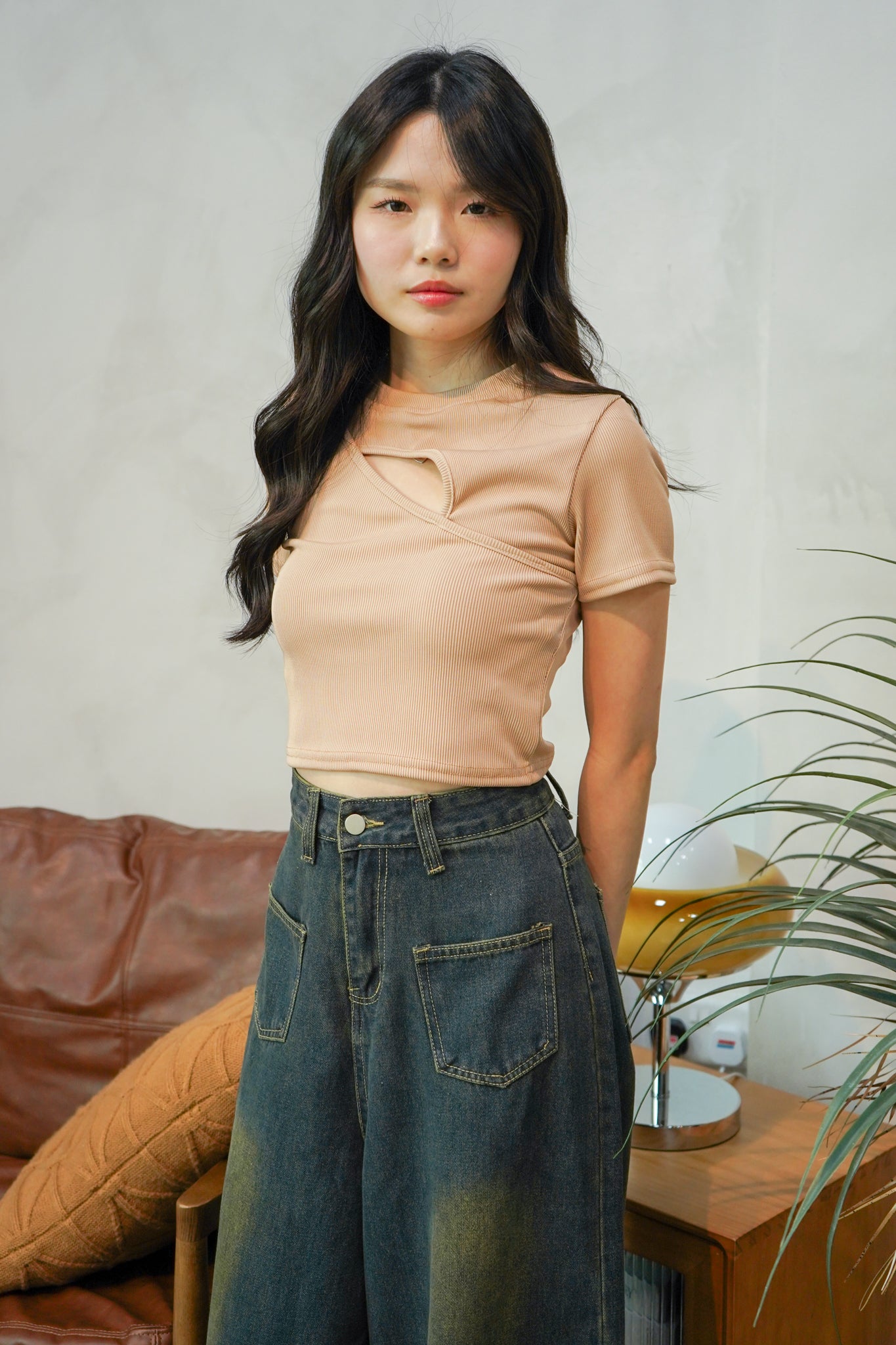 Darcy Mock Neck Cut-out Rib-knit Slim Crop Top (Beige Brown)