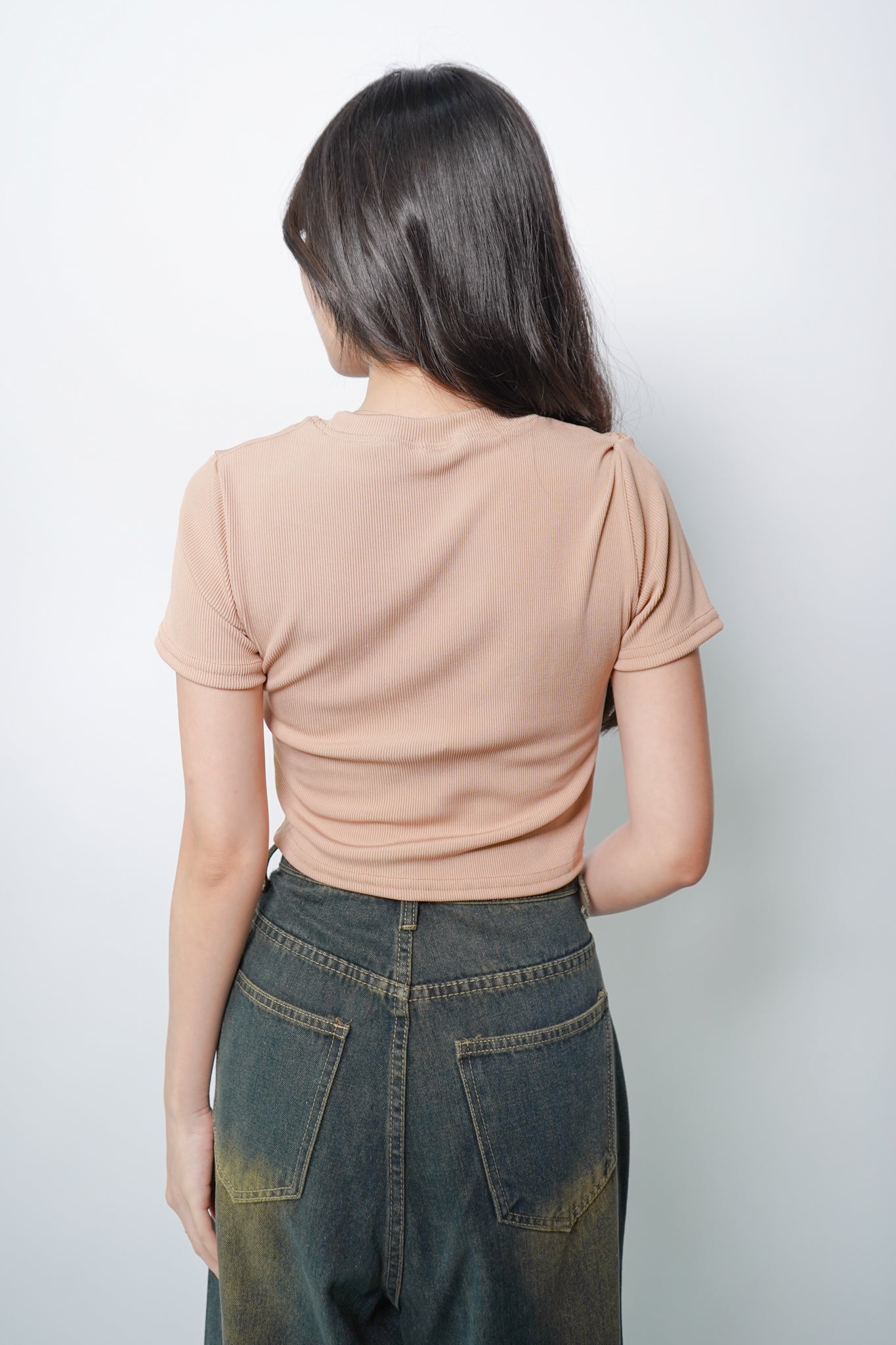 Darcy Mock Neck Cut-out Rib-knit Slim Crop Top (Beige Brown)