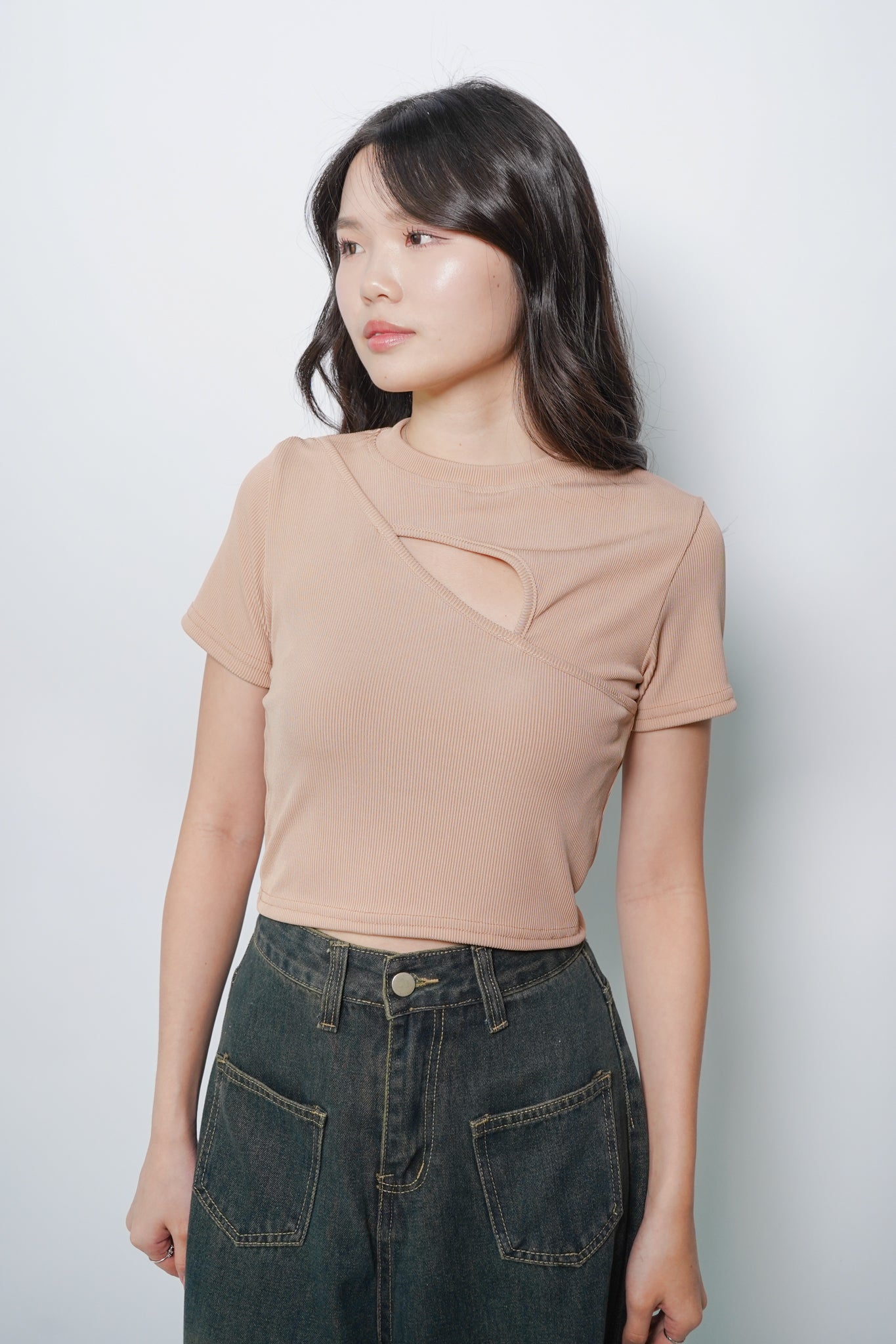 Darcy Mock Neck Cut-out Rib-knit Slim Crop Top (Beige Brown)