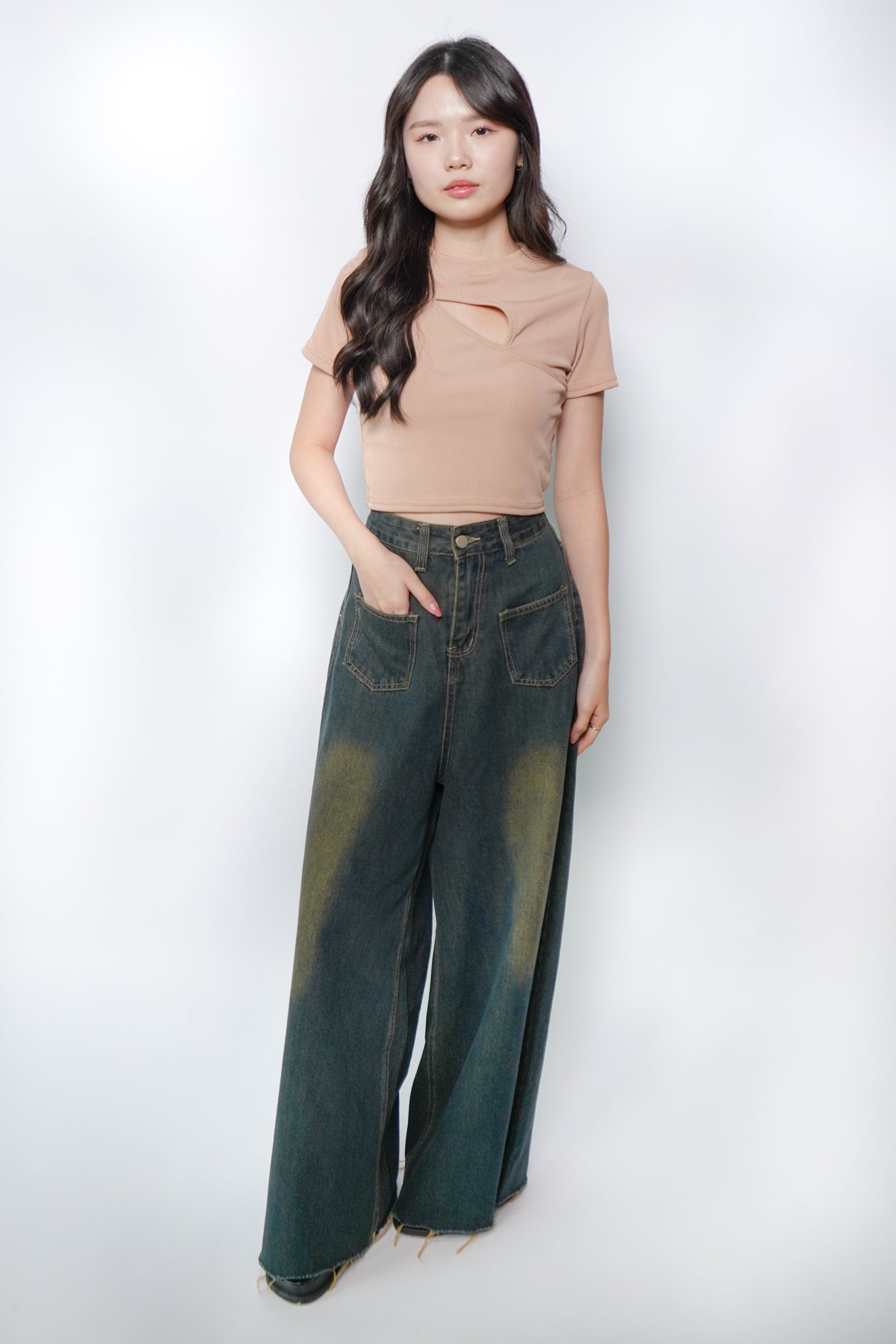 Darcy Mock Neck Cut-out Rib-knit Slim Crop Top (Beige Brown)