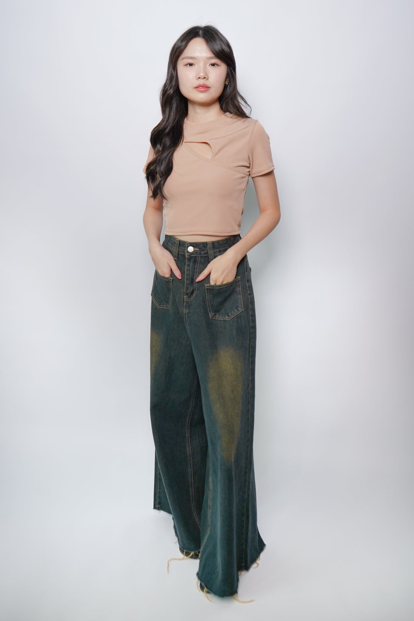 Darcy Mock Neck Cut-out Rib-knit Slim Crop Top (Beige Brown)