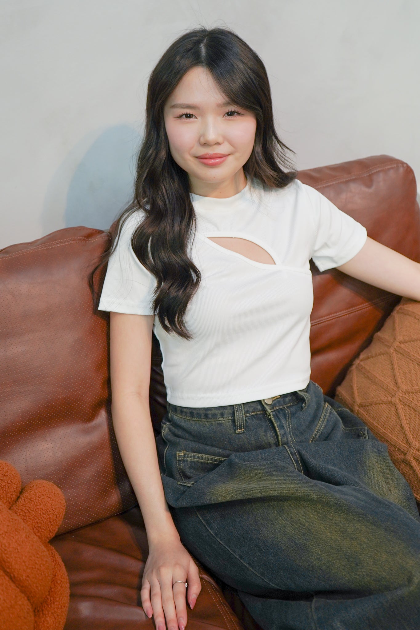 Darcy Mock Neck Cut-out Rib-knit Slim Crop Top (White)