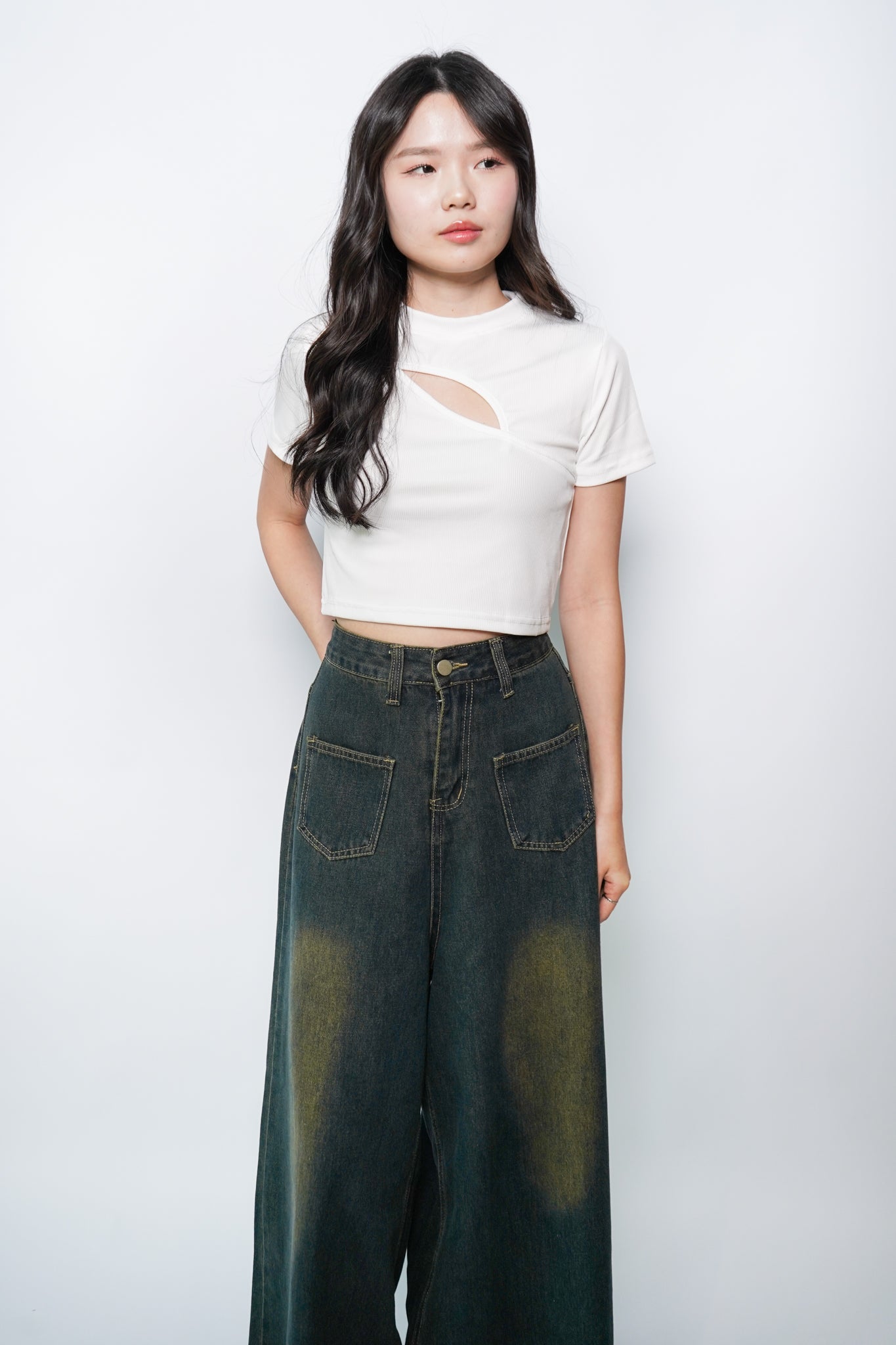 Darcy Mock Neck Cut-out Rib-knit Slim Crop Top (White)