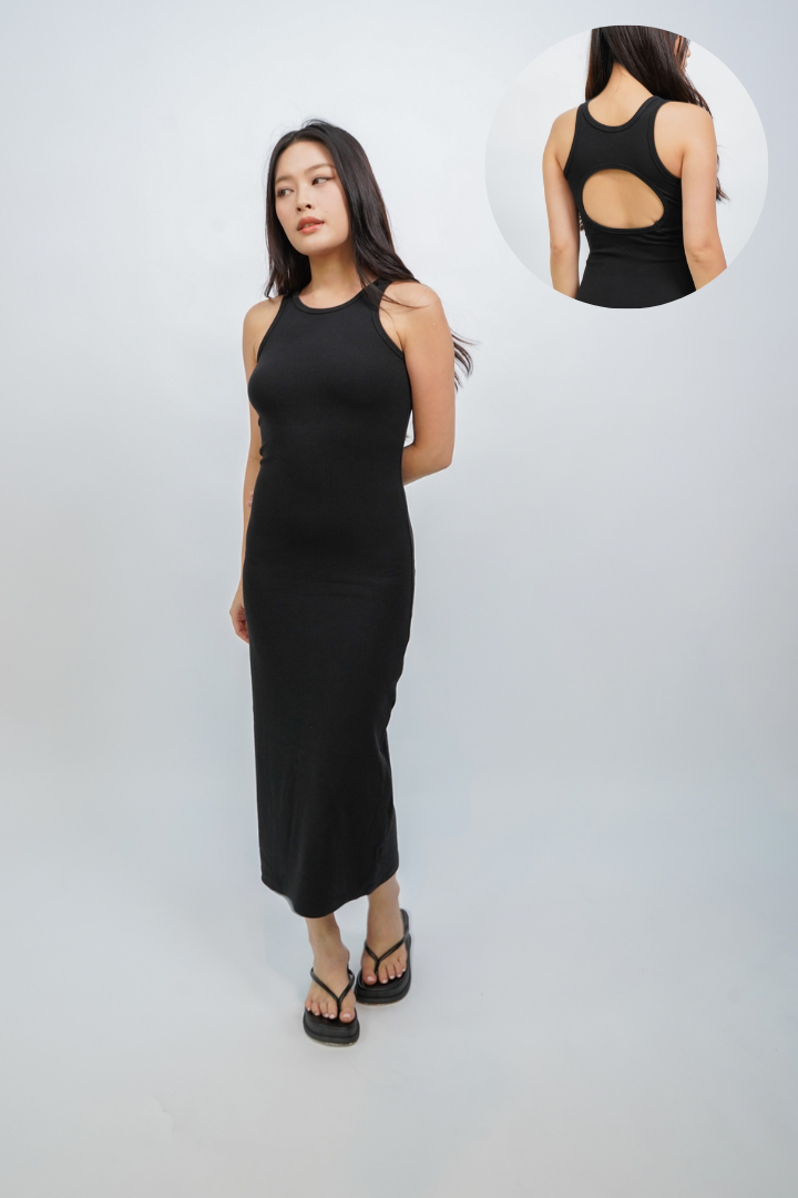 Everlyn Tank Maxi Dress with Cut Out Back (Black)