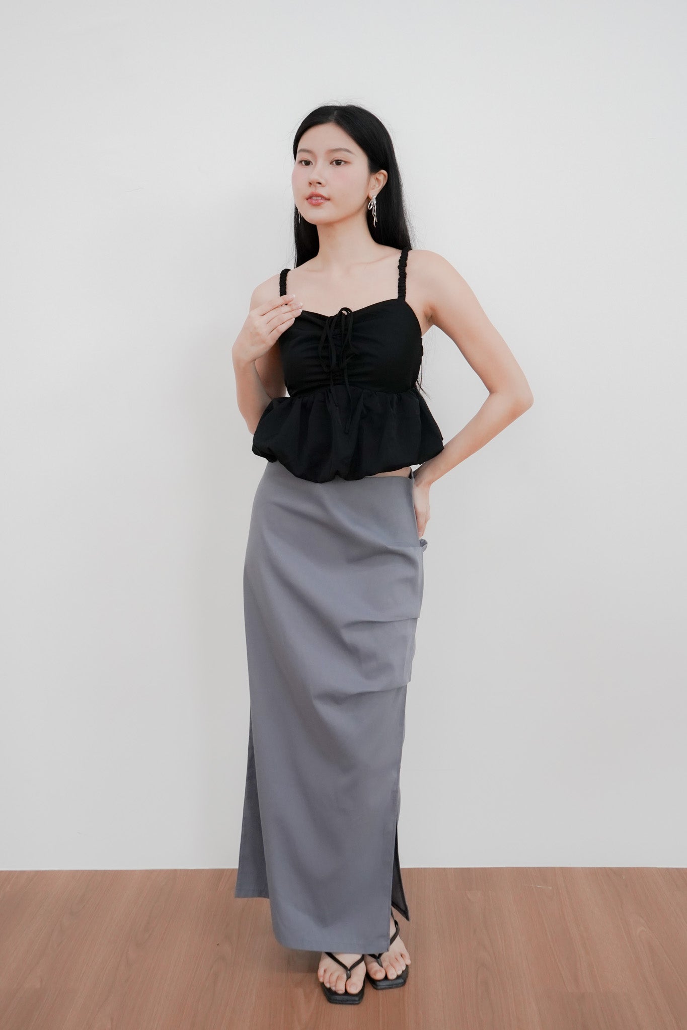 Arielle Bubble Hem Top with Scrunchie Straps (Black)