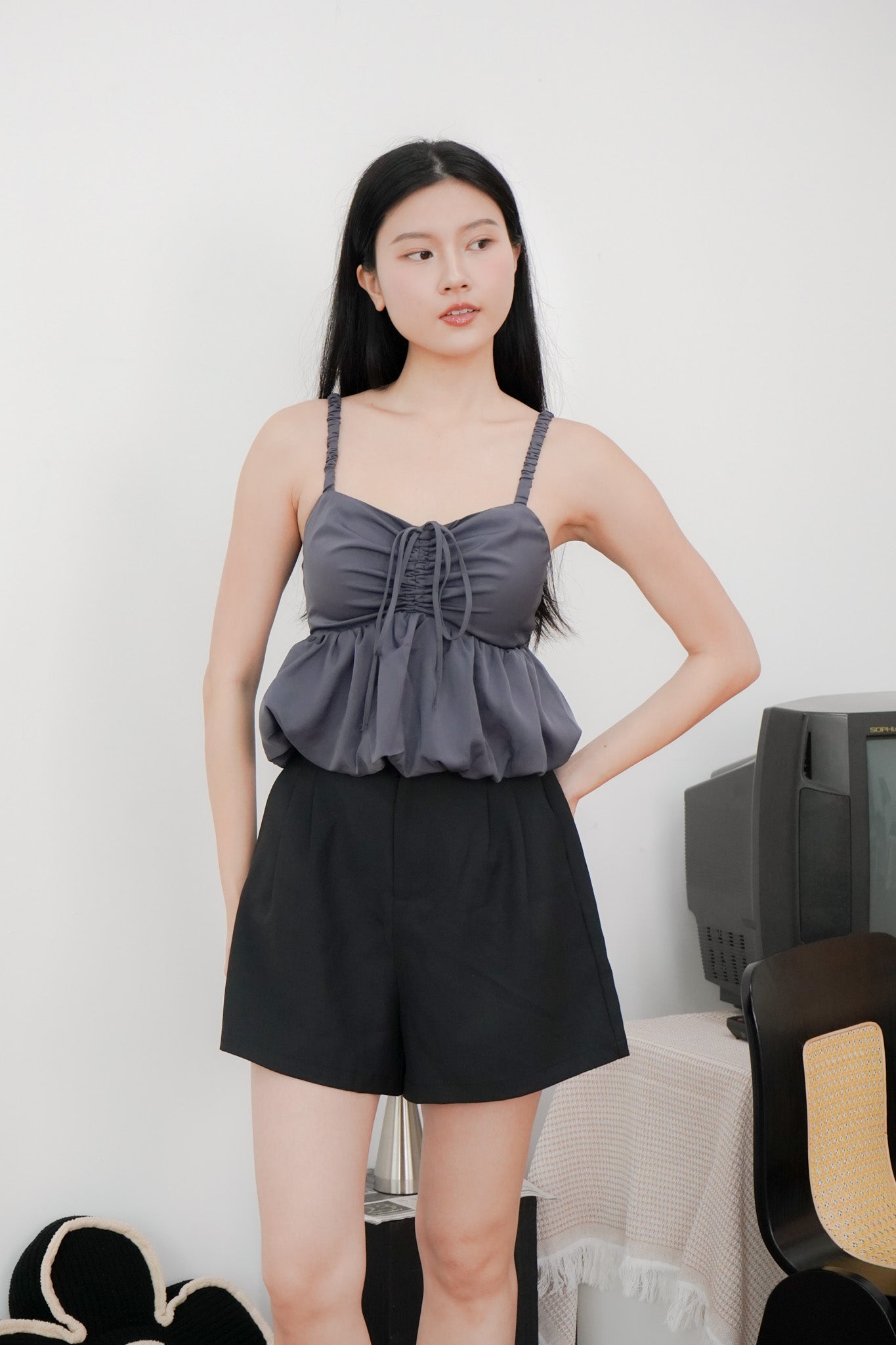 Arielle Bubble Hem Top with Scrunchie Straps (Gunmetal)