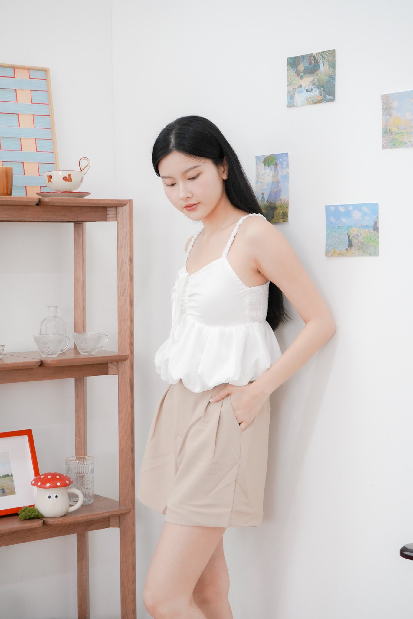 Arielle Bubble Hem Top with Scrunchie Straps (White)