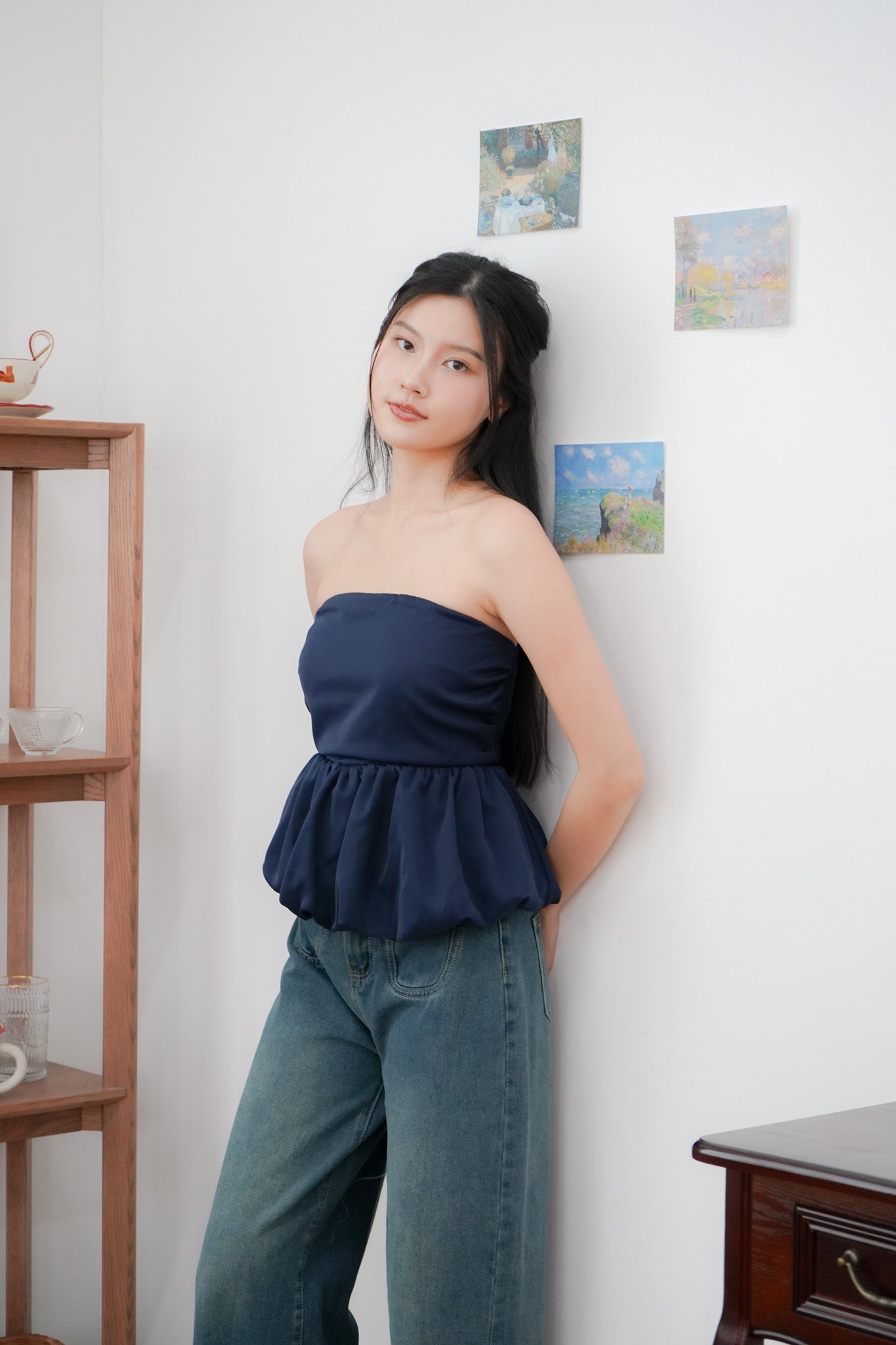 Arden Bubble Hem Ruched Tube Top (Navy)