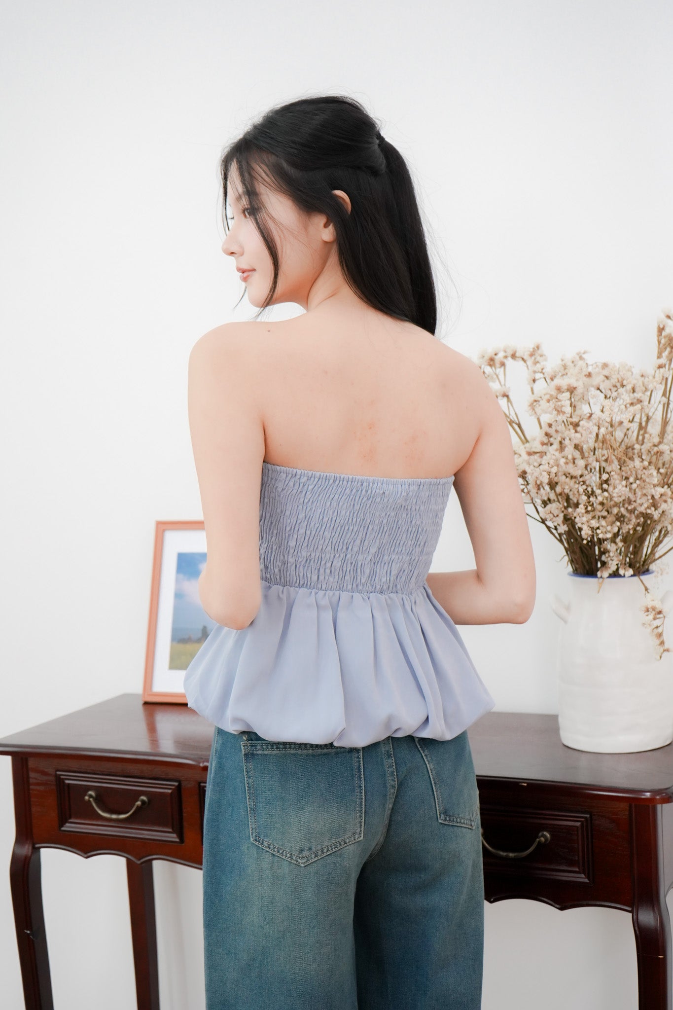 Arden Bubble Hem Ruched Tube Top (Pastel Blue)