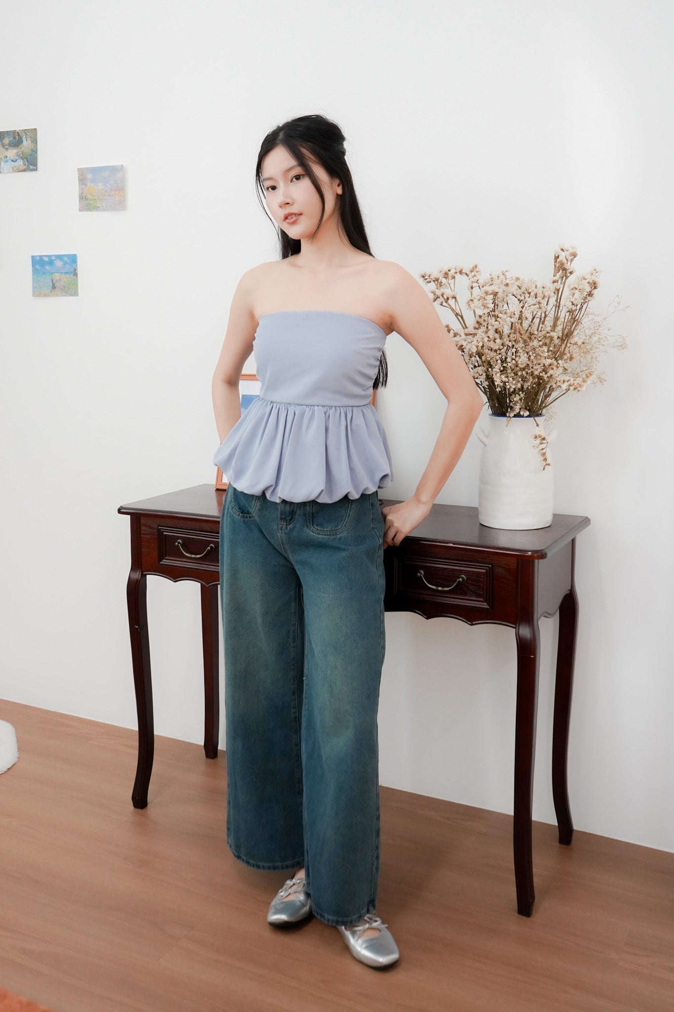 Arden Bubble Hem Ruched Tube Top (Pastel Blue)