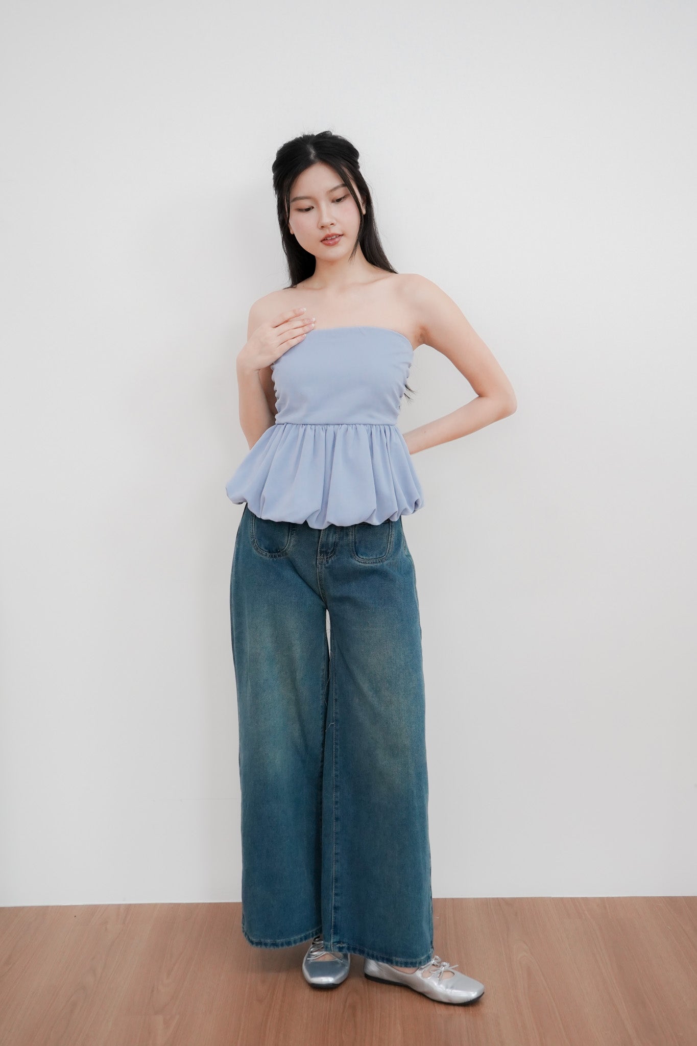 Arden Bubble Hem Ruched Tube Top (Pastel Blue)