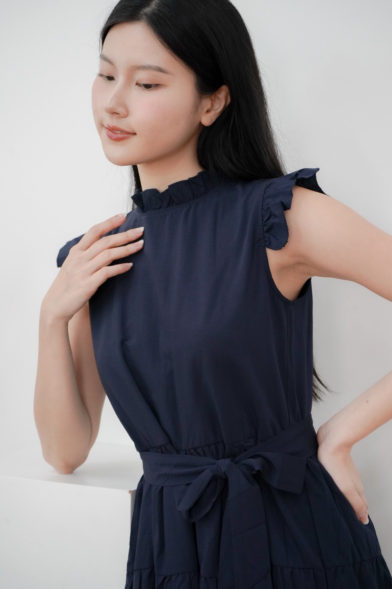Sofia Flutter Ruffles Tiered Dress (Navy/ Black)
