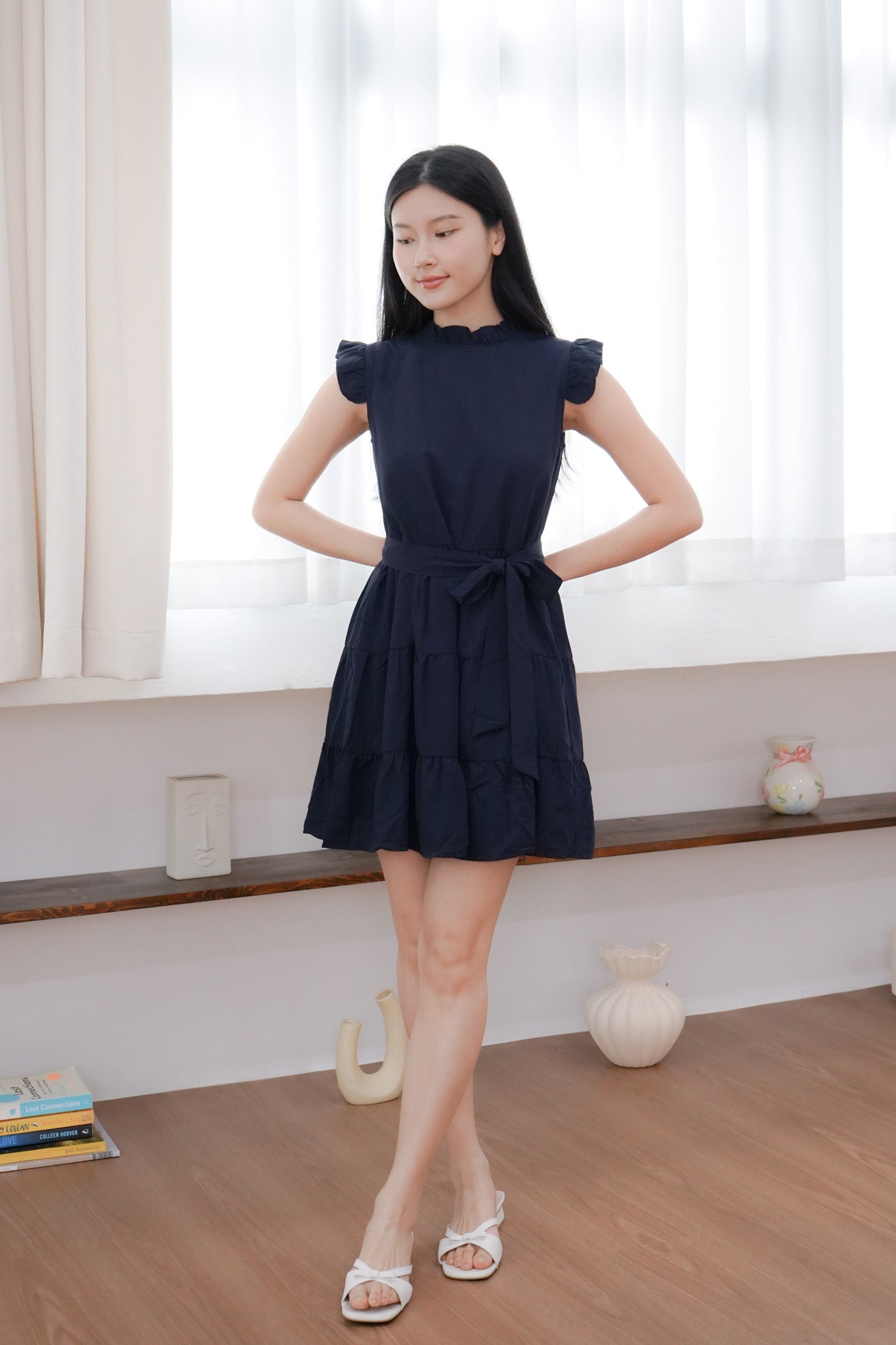 Sofia Flutter Ruffles Tiered Dress (Navy/ Black)