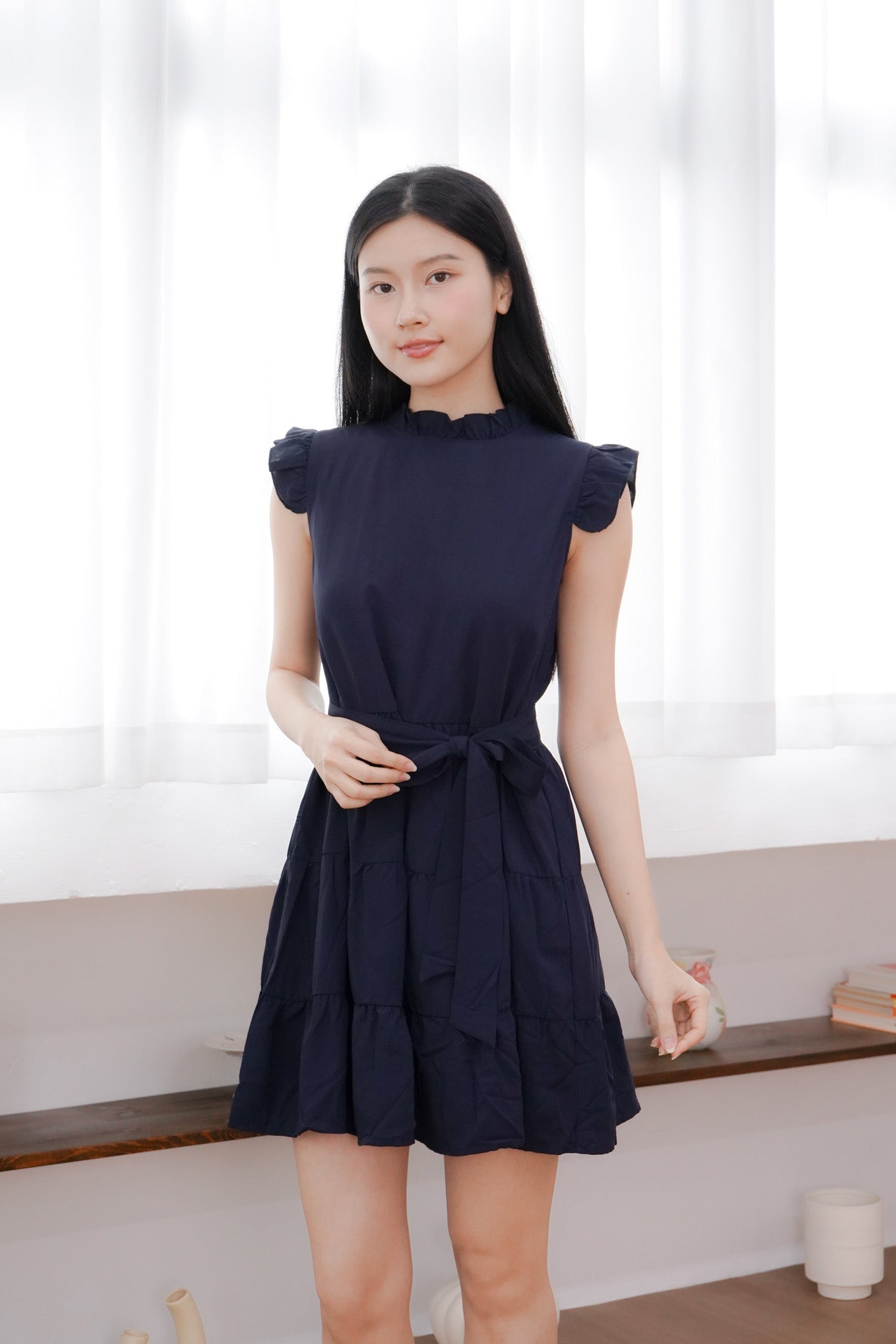 Sofia Flutter Ruffles Tiered Dress (Navy/ Black)