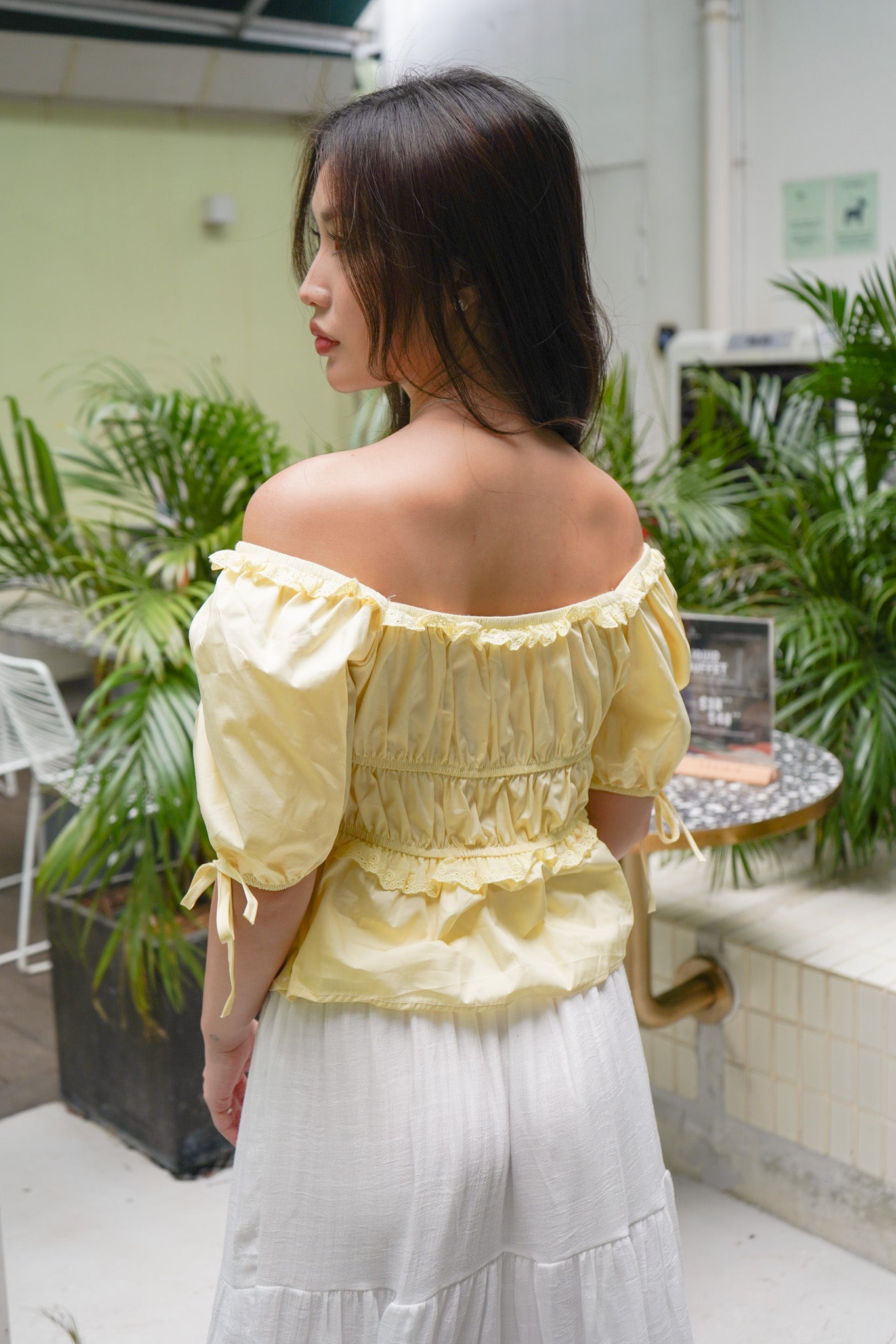 Riya Ruched Elastic Puff Sleeve top (Butter)