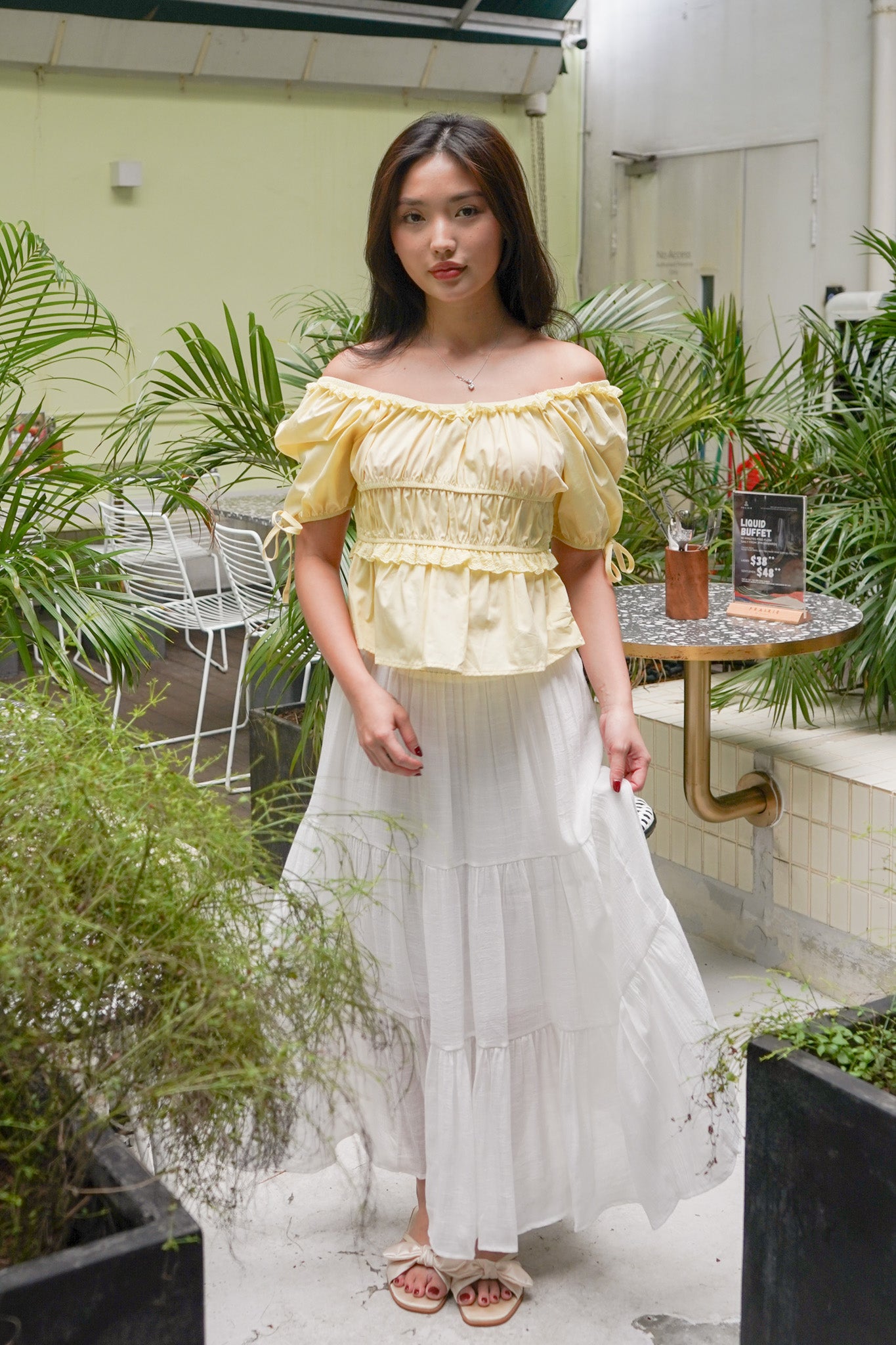 Riya Ruched Elastic Puff Sleeve top (Butter)
