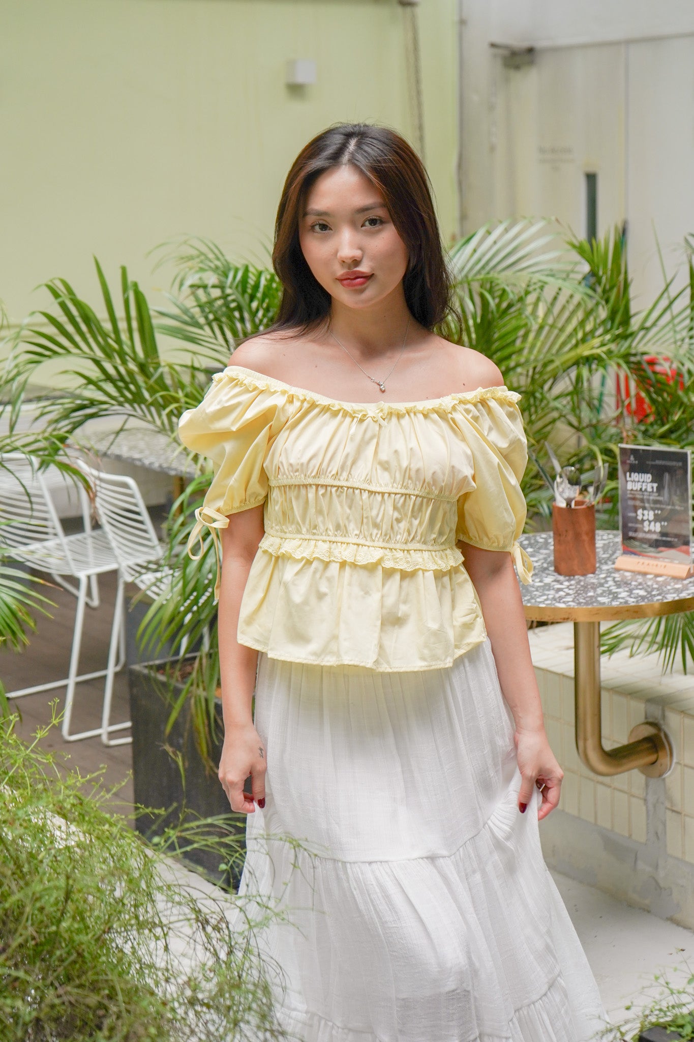Riya Ruched Elastic Puff Sleeve top (Butter)