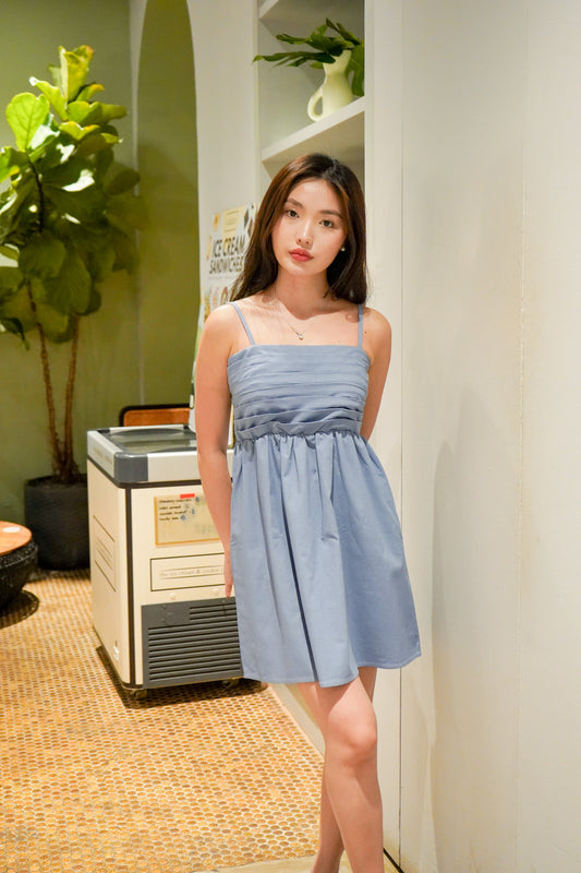 Carmen Pleated Mini Dress (Denim Blue)