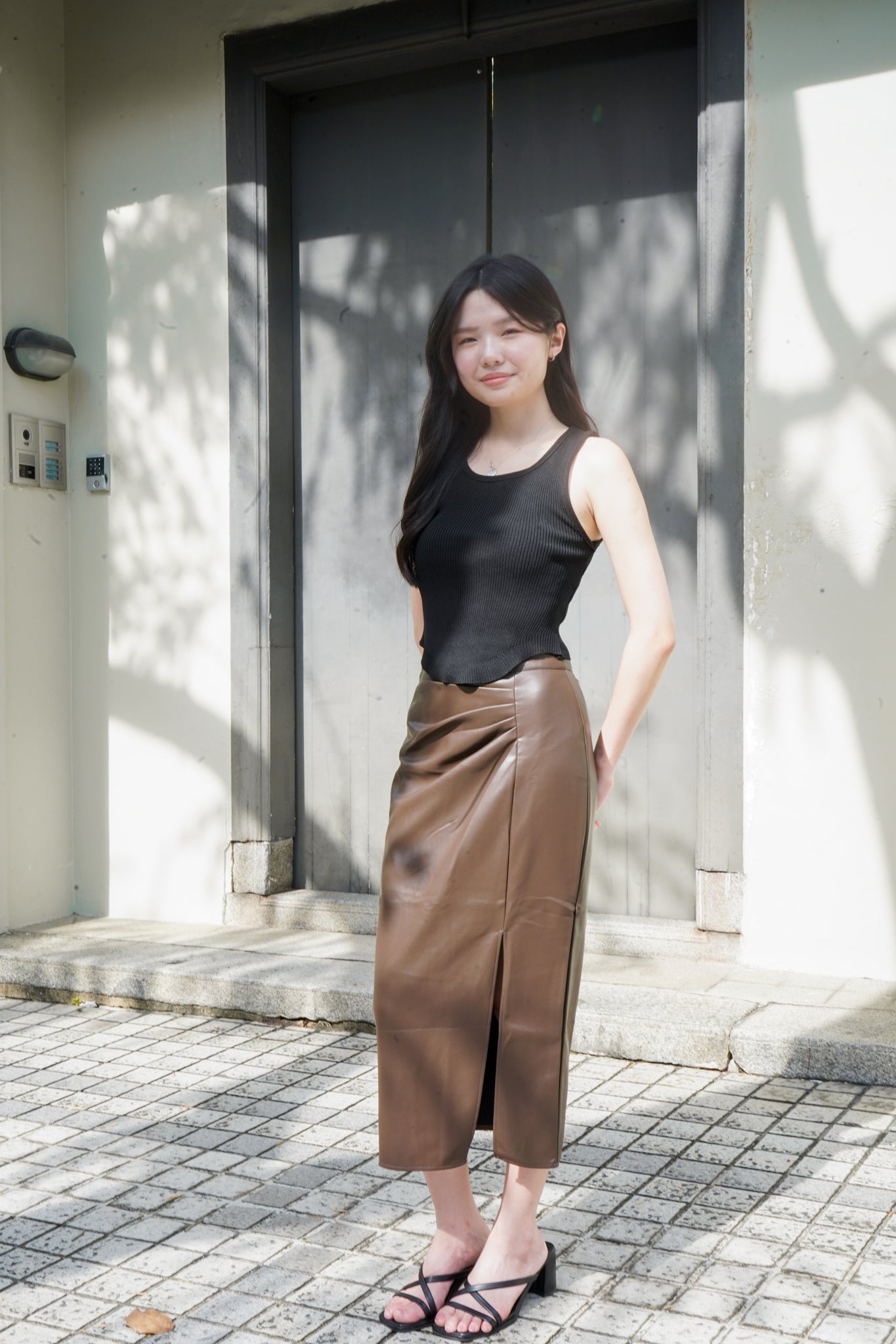 Emery Faux Leather Pencil Skirt (Dark brown)