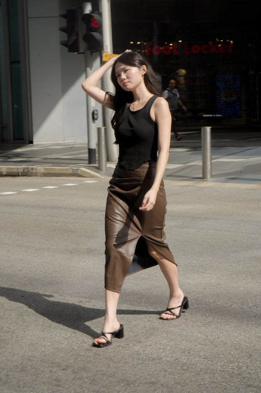 Emery Faux Leather Pencil Skirt (Dark brown)