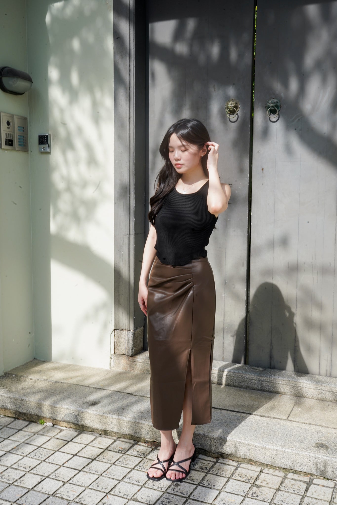 Emery Faux Leather Pencil Skirt (Dark brown)