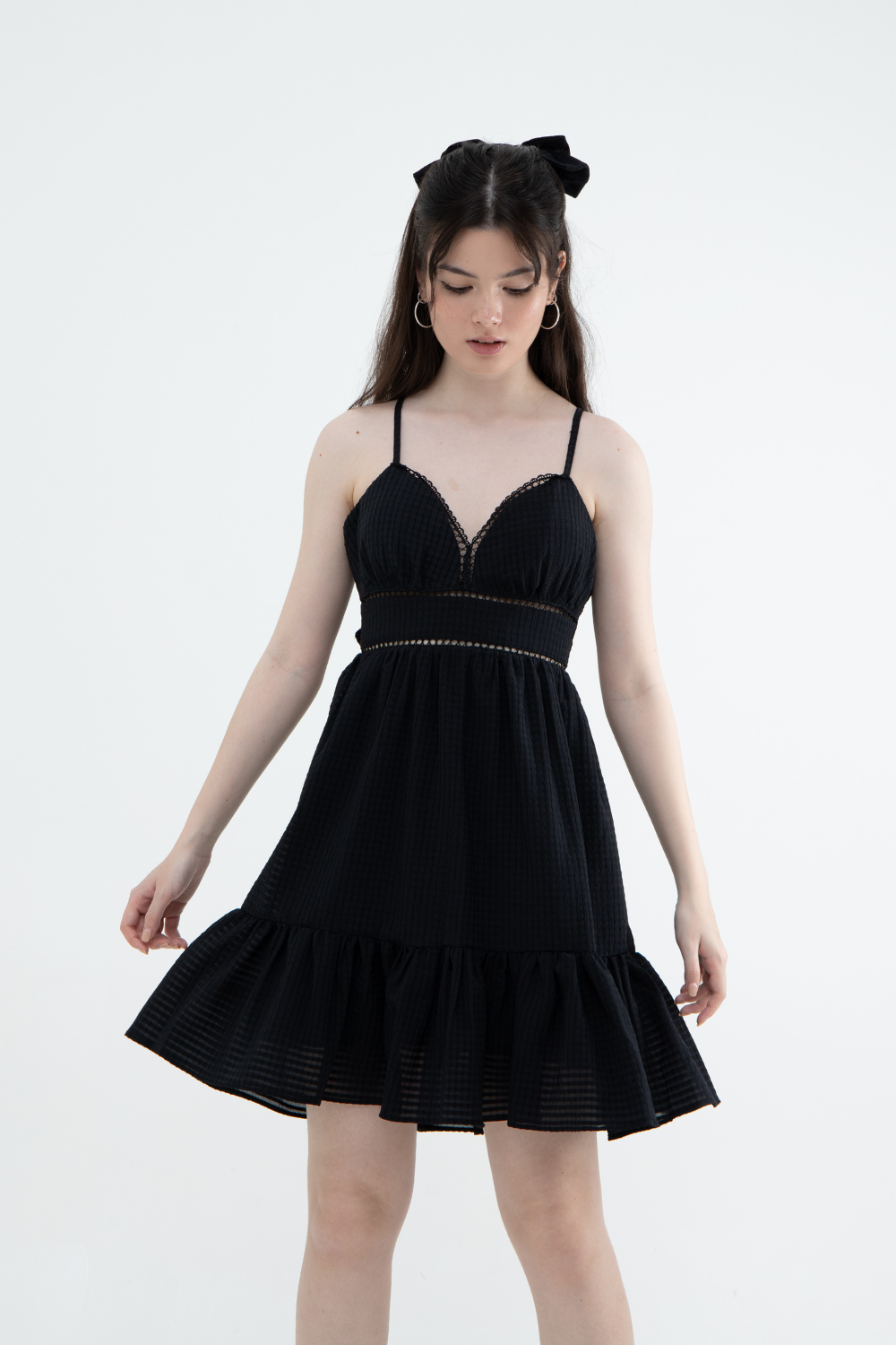 Textured Cutout Ruffle Dress (Black / White / Yellow)