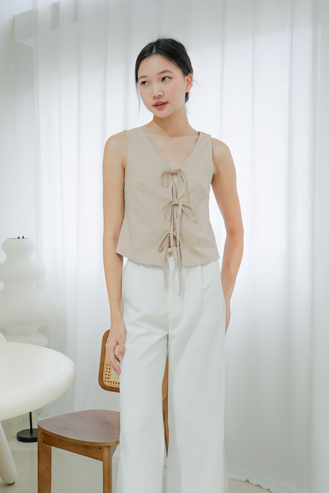 Mandy Sleeveless Tie Front Top (Beige)