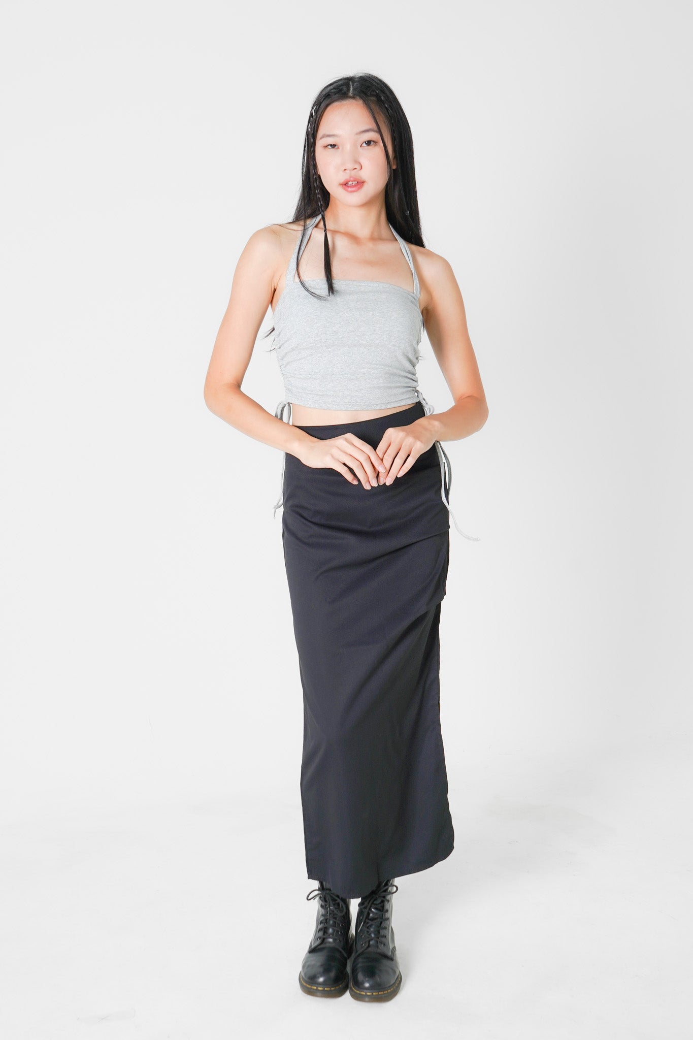 Poppy Padded Halterneck Top with Side Ruching (Heather grey)