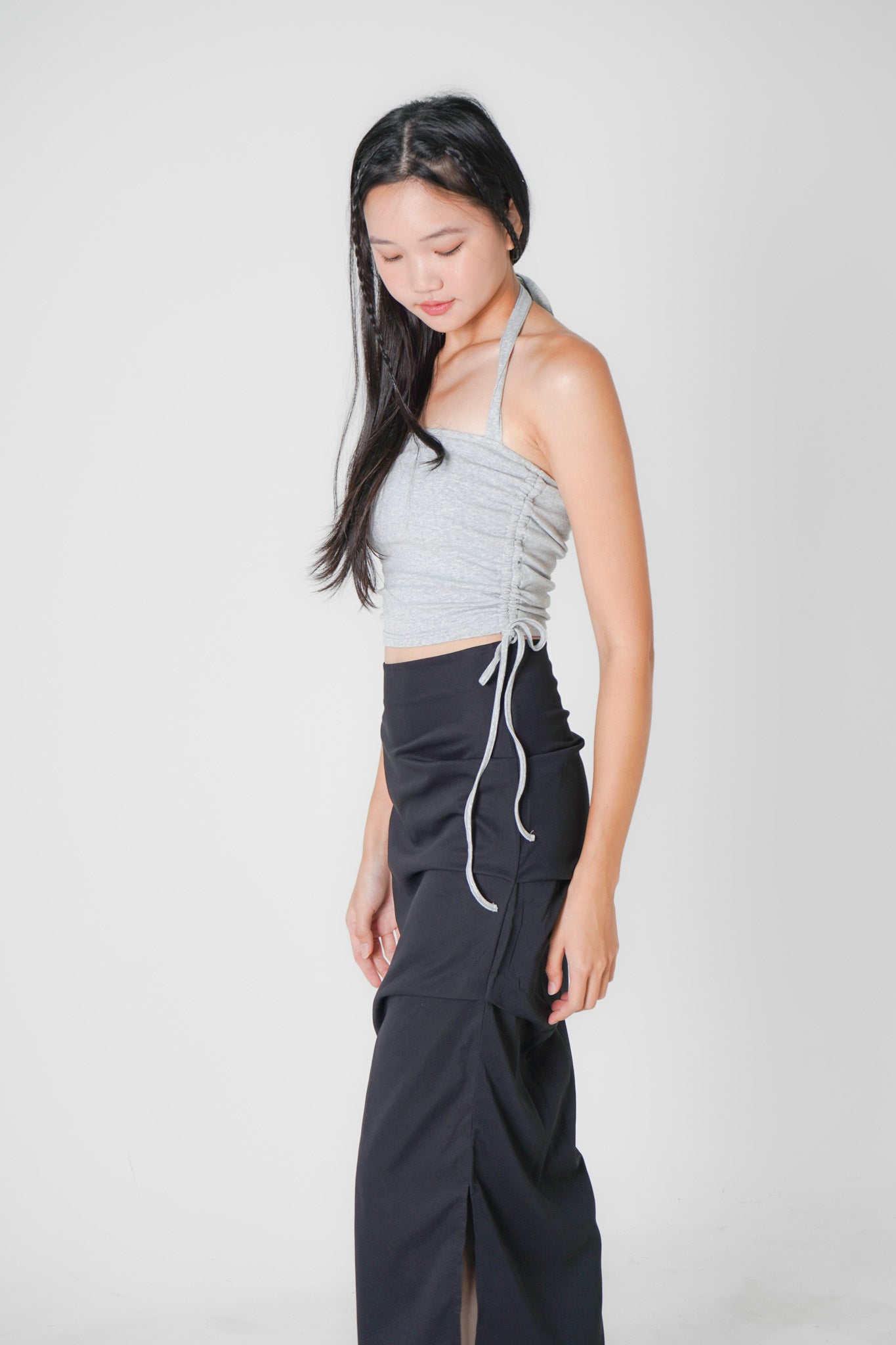 Poppy Padded Halterneck Top with Side Ruching (Heather grey)