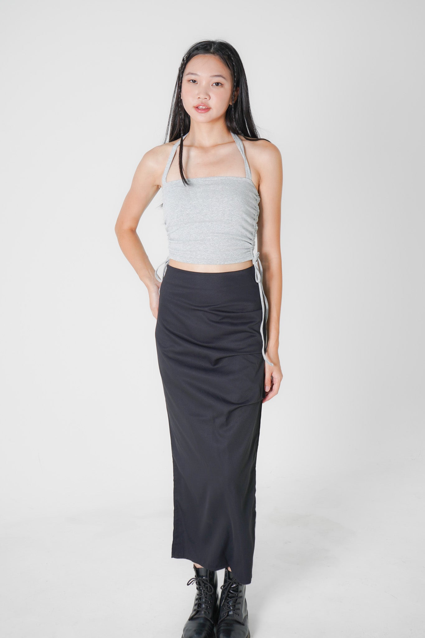 Poppy Padded Halterneck Top with Side Ruching (Heather grey)