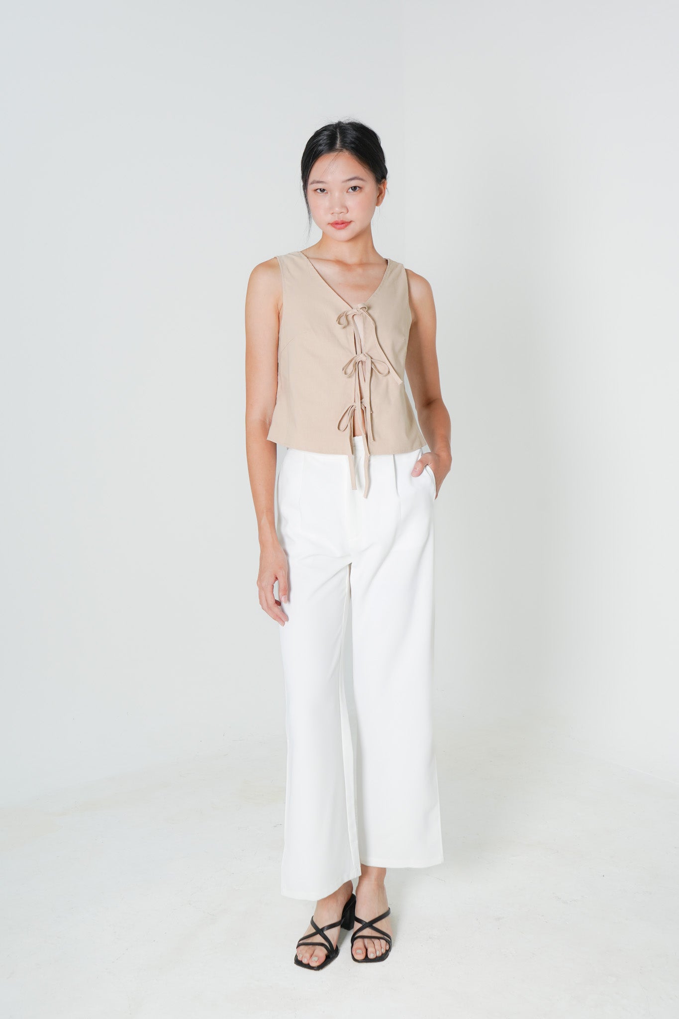 Mandy Sleeveless Tie Front Top (Beige)