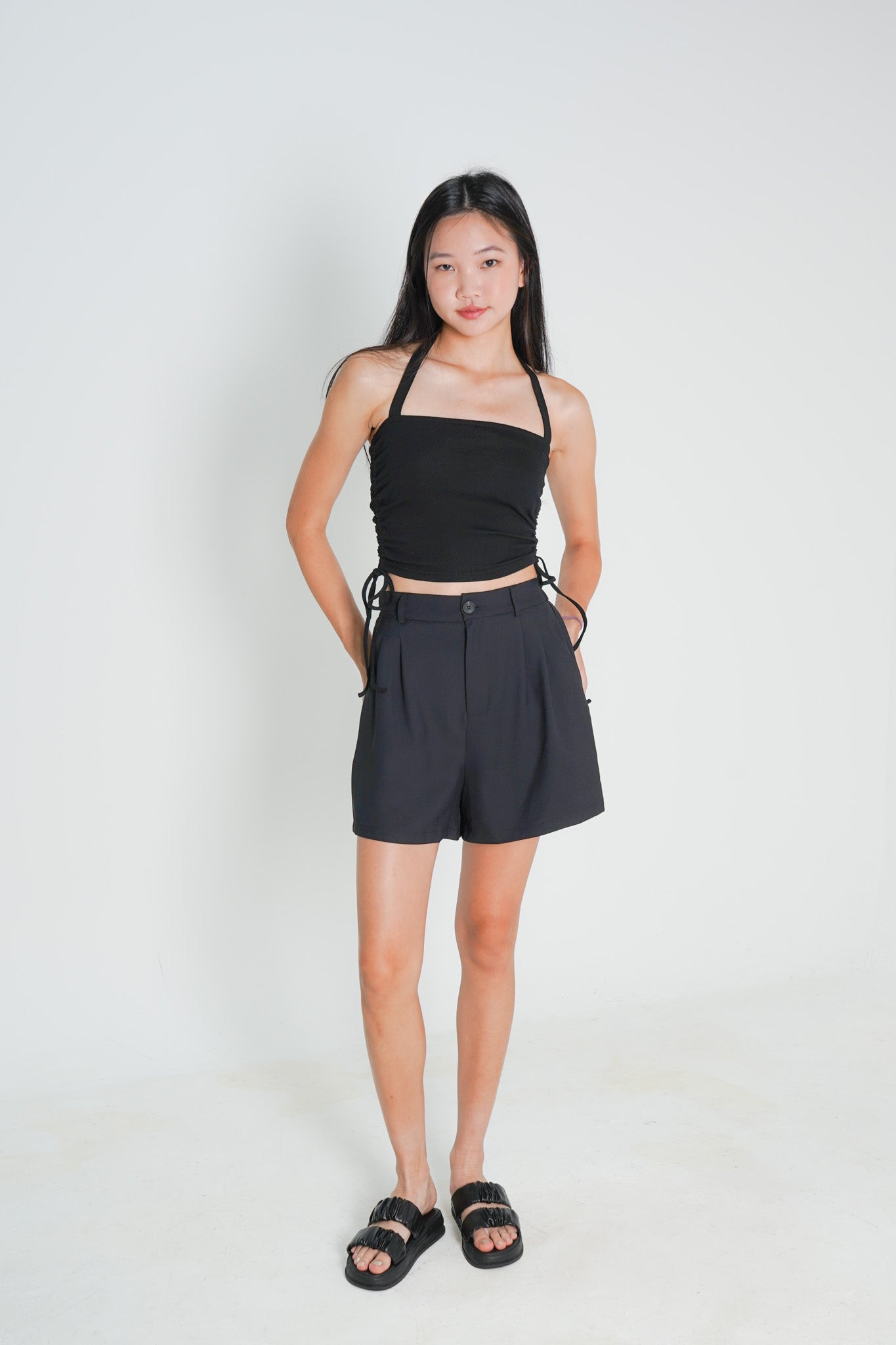 Poppy Padded Halterneck Top with Side Ruching (Black)
