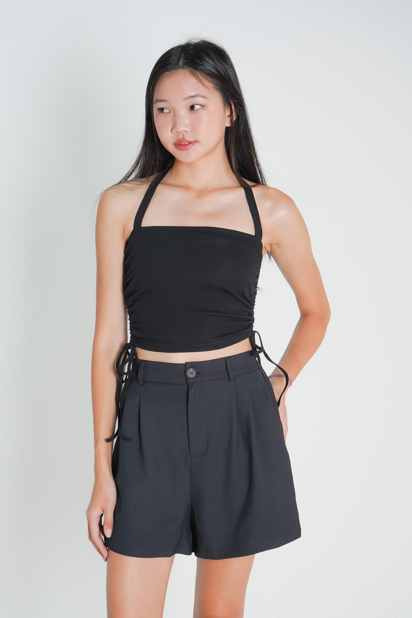 Poppy Padded Halterneck Top with Side Ruching (Black)