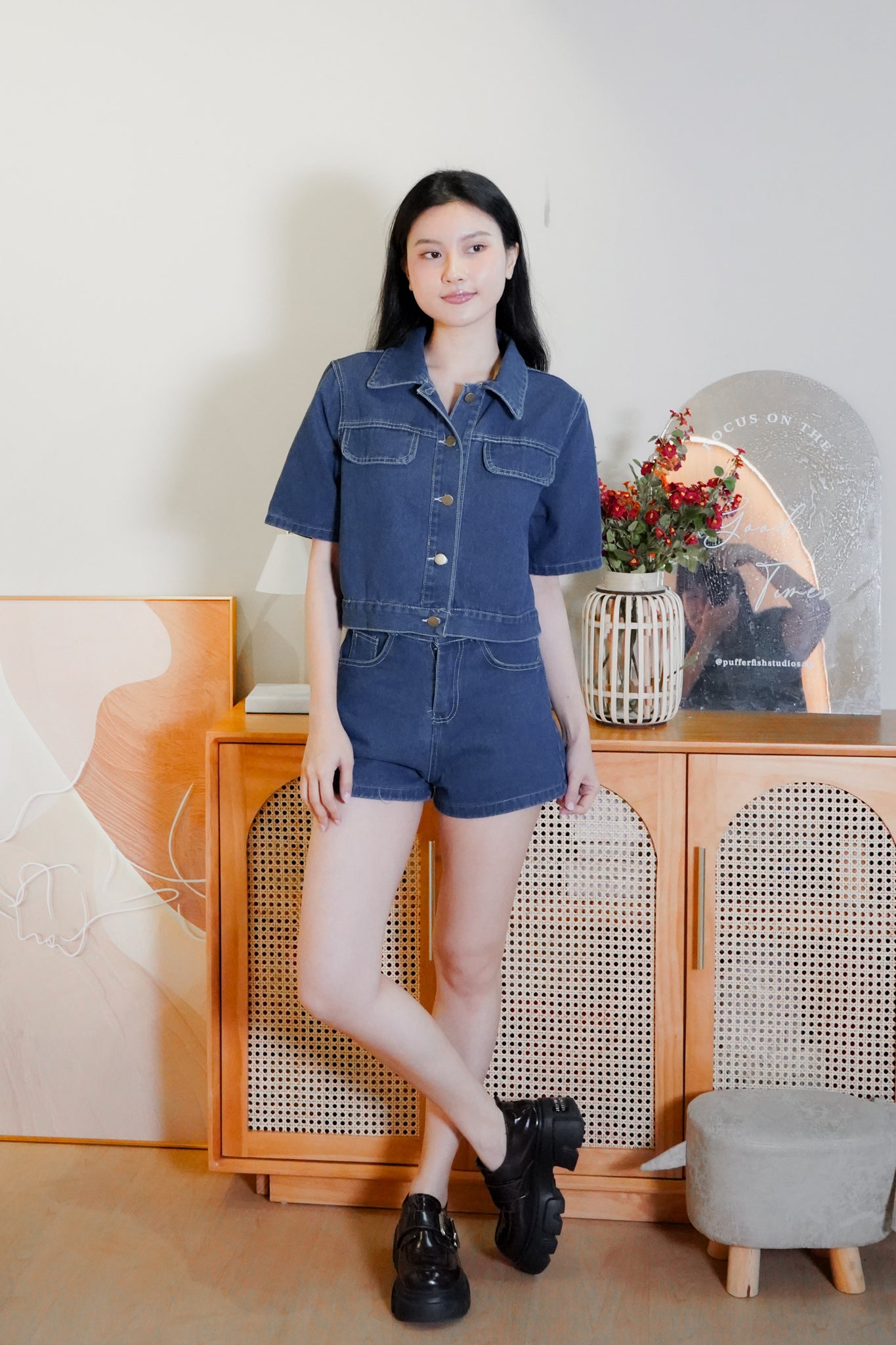 Nora Dark denim button crop top with high-waisted denim shorts