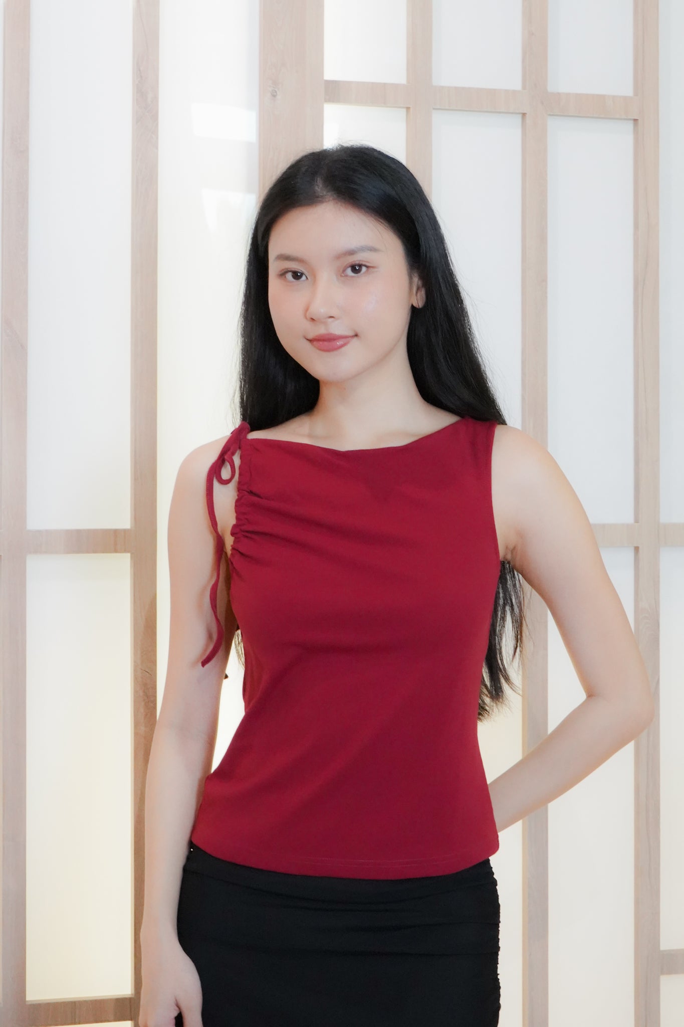 Jemma Asymmetrical draped top with strap (one side) (Red)