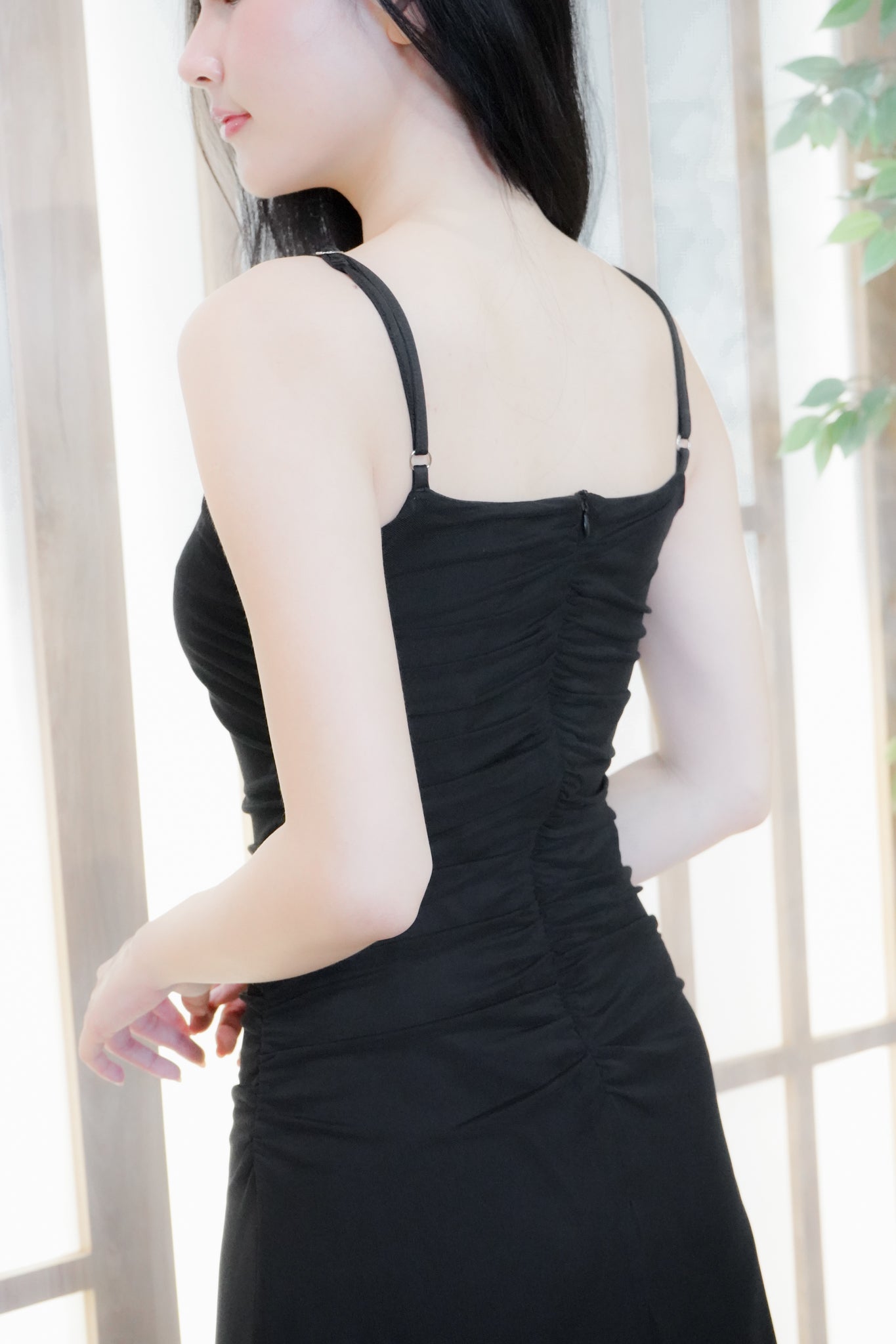 Jing Ruched Mesh Maxi Dress (Black)