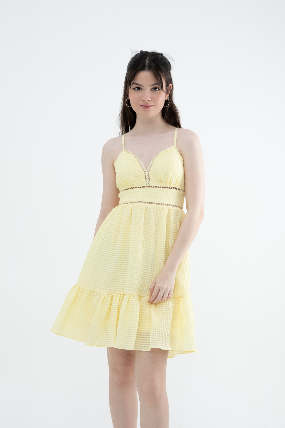 Textured Cutout Ruffle Dress (Black / White / Yellow)